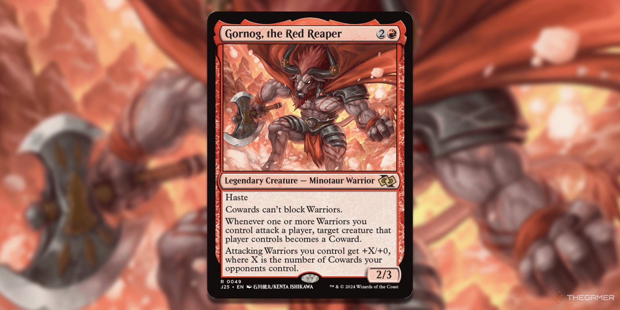 MTG Gornog, the Red Reaper card with the art in the background.