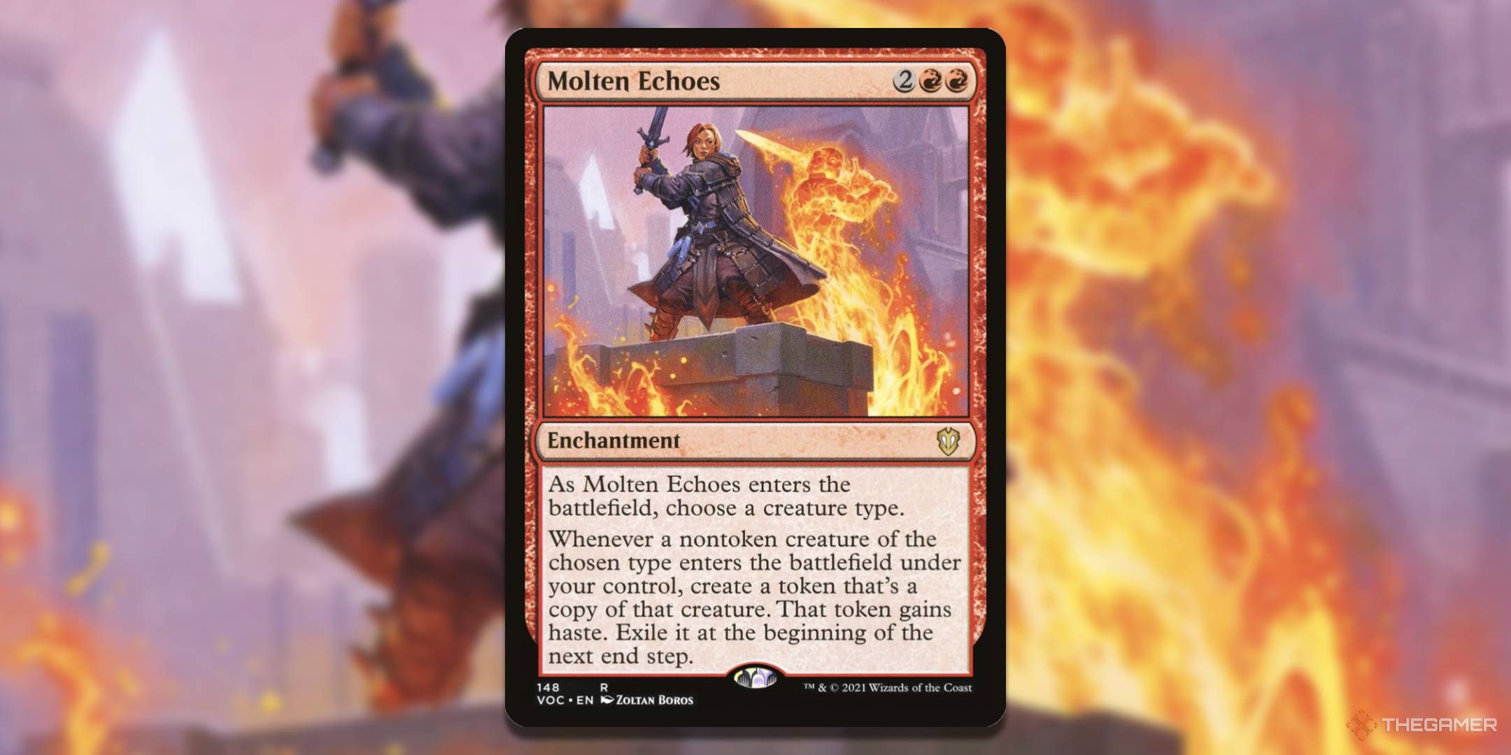 MTG Molten Echoes card with the art in the background.