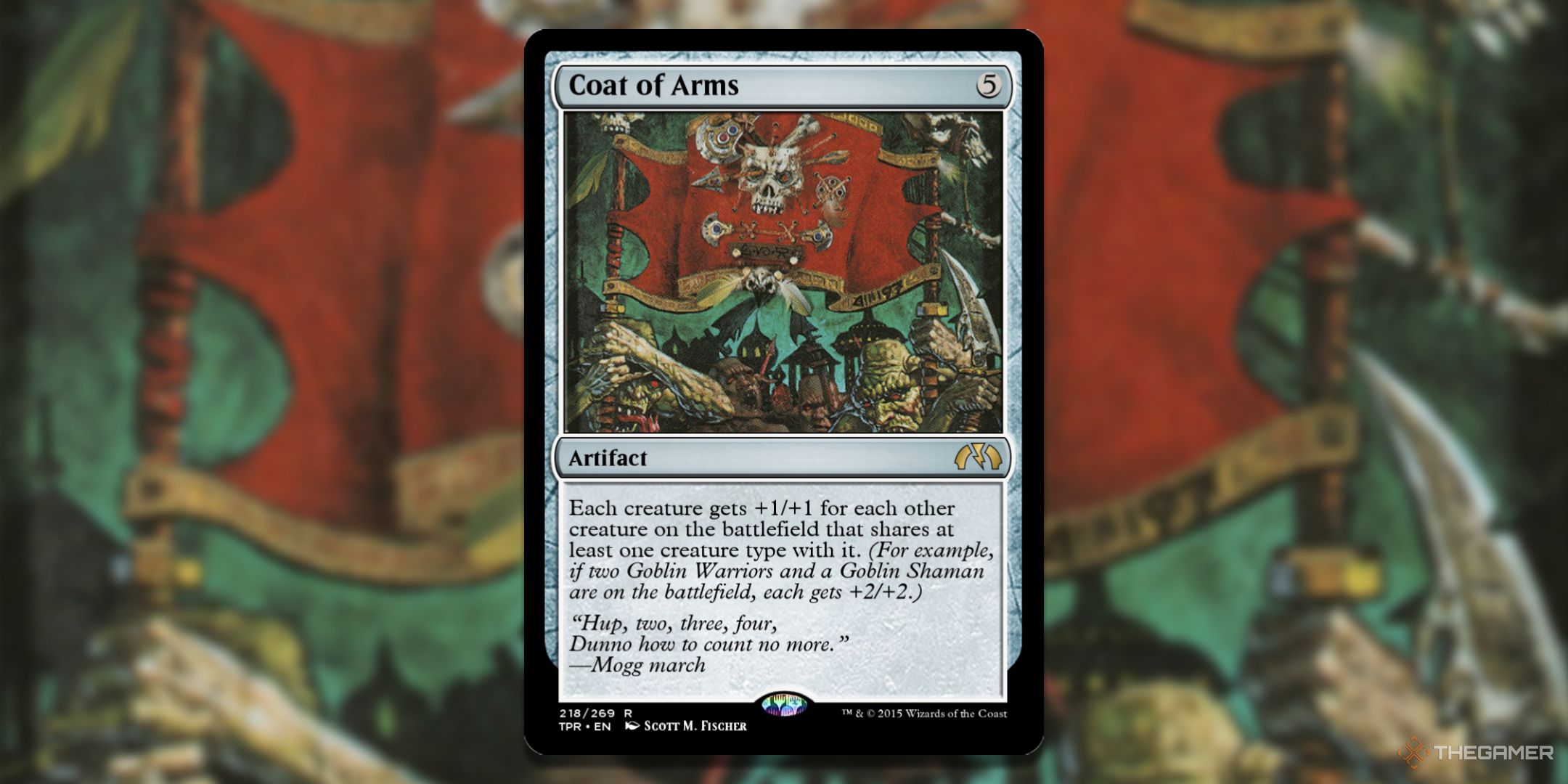 MTG Coat of Arms card with the art in the background.