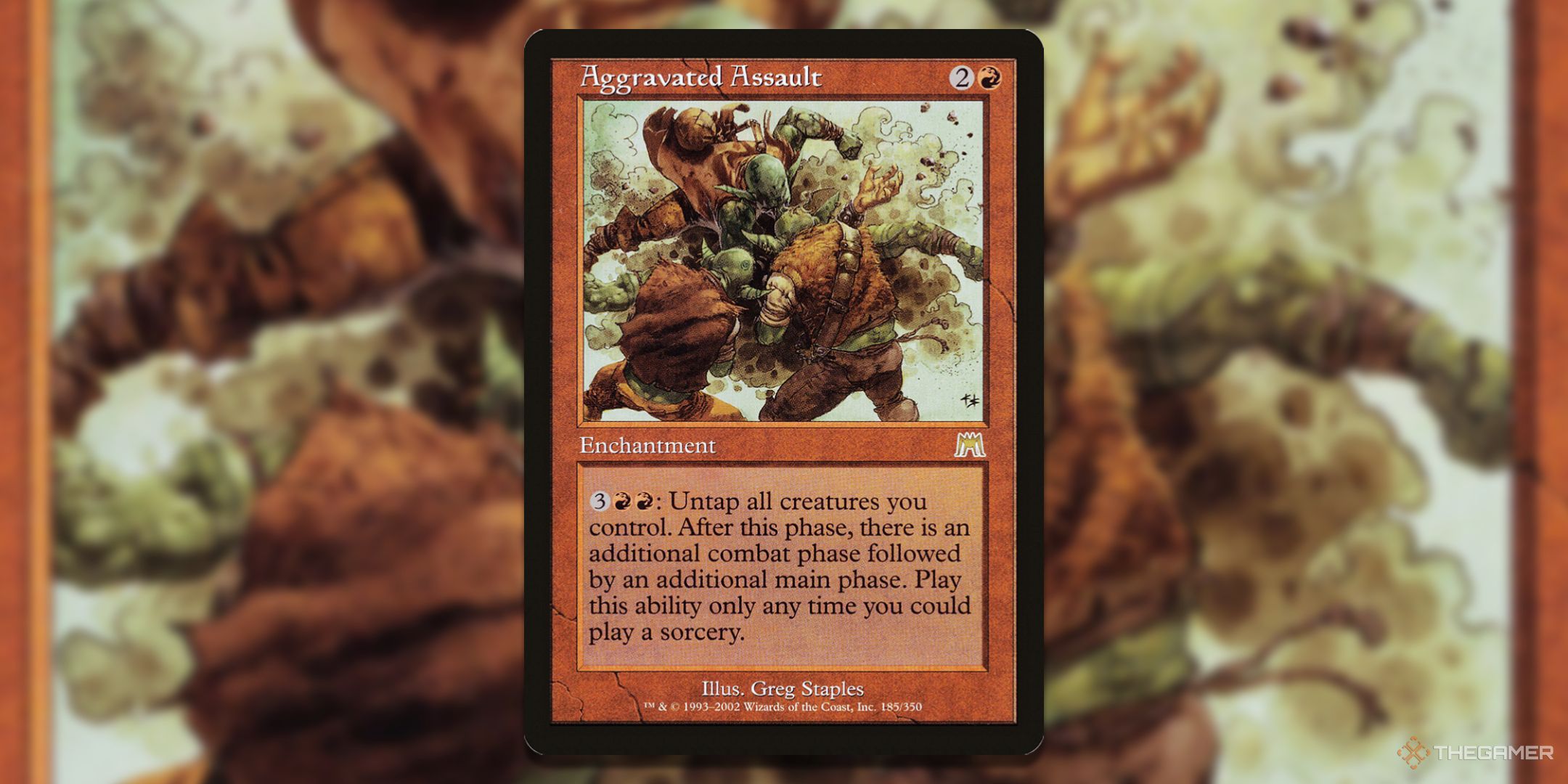 MTG Aggravated Assault card with the art in the background.