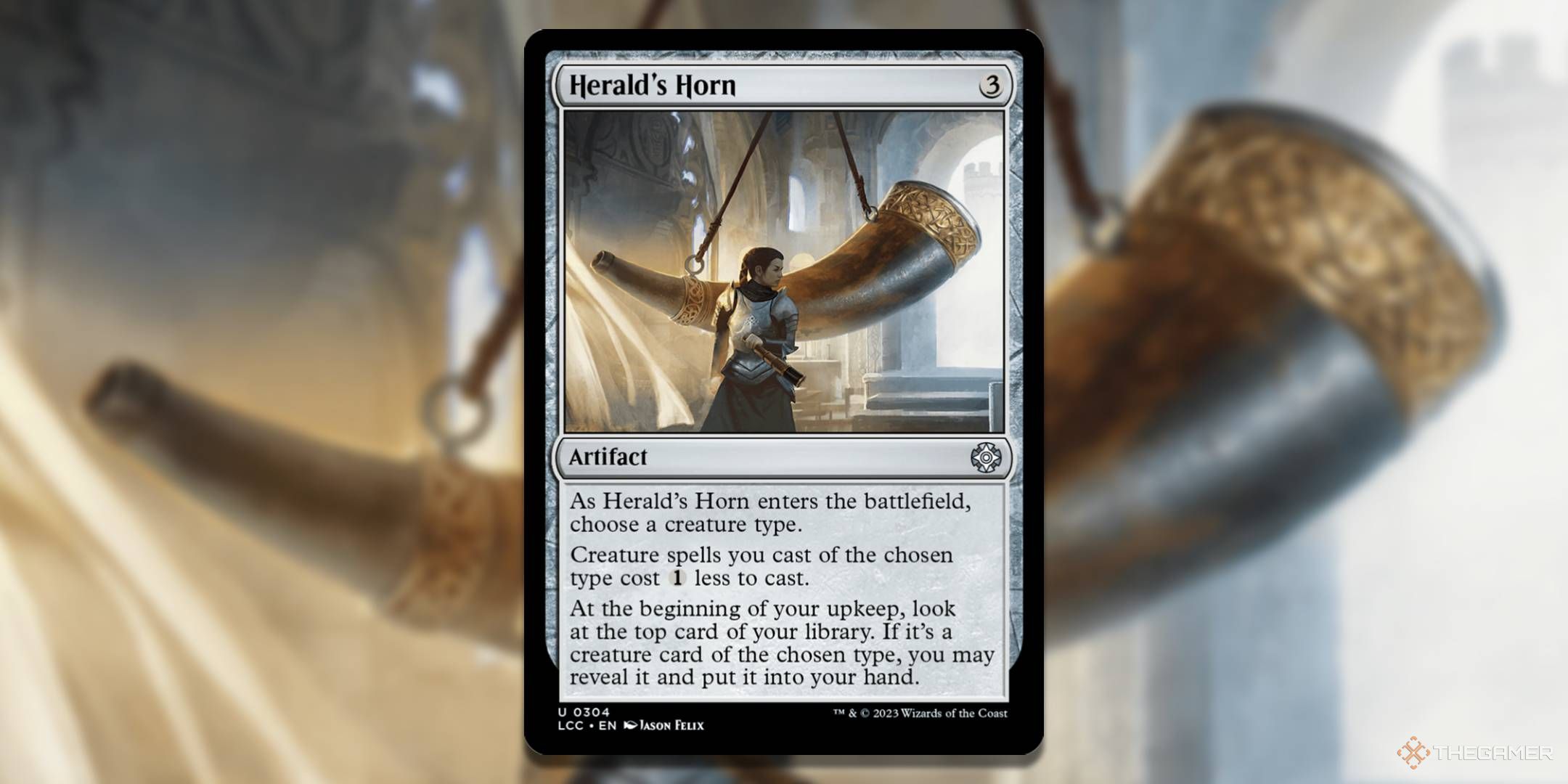 MTG Herald's Horn card with the art in the background.