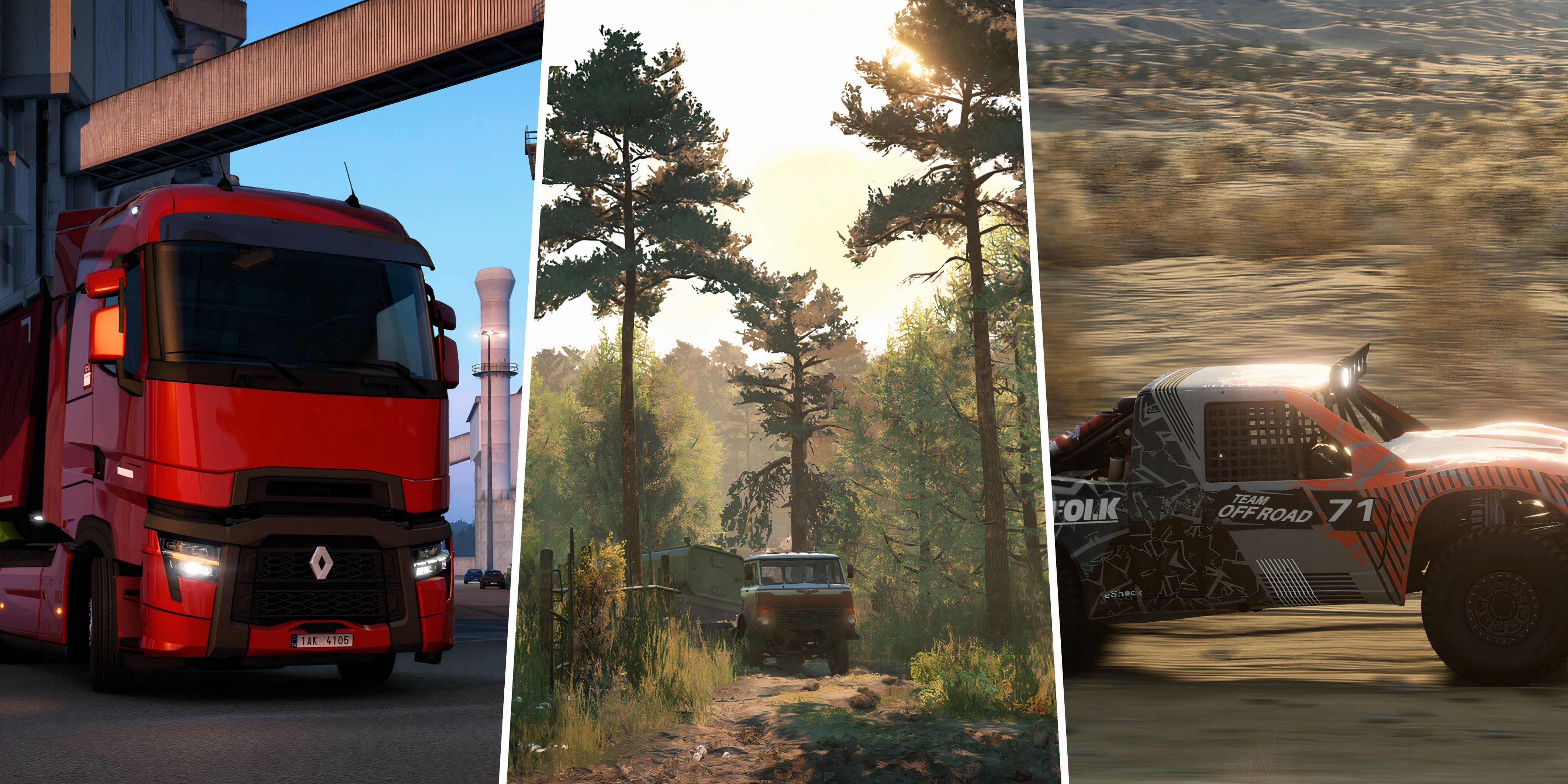 Split images of Euro Truck Sim 2, SnowRunner And BeamNg.