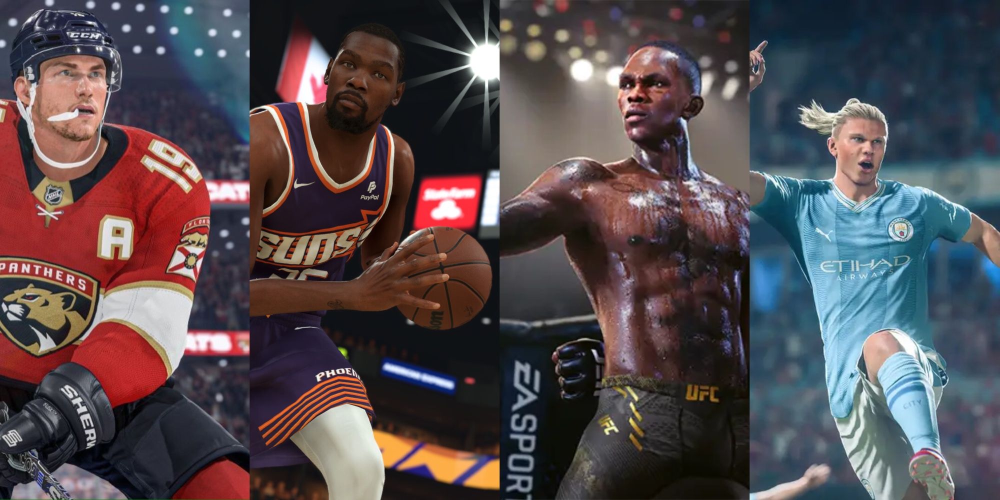 Split Imaages Of NHL 24, NBA 2K23, UFC 5, EA Sports FC 24