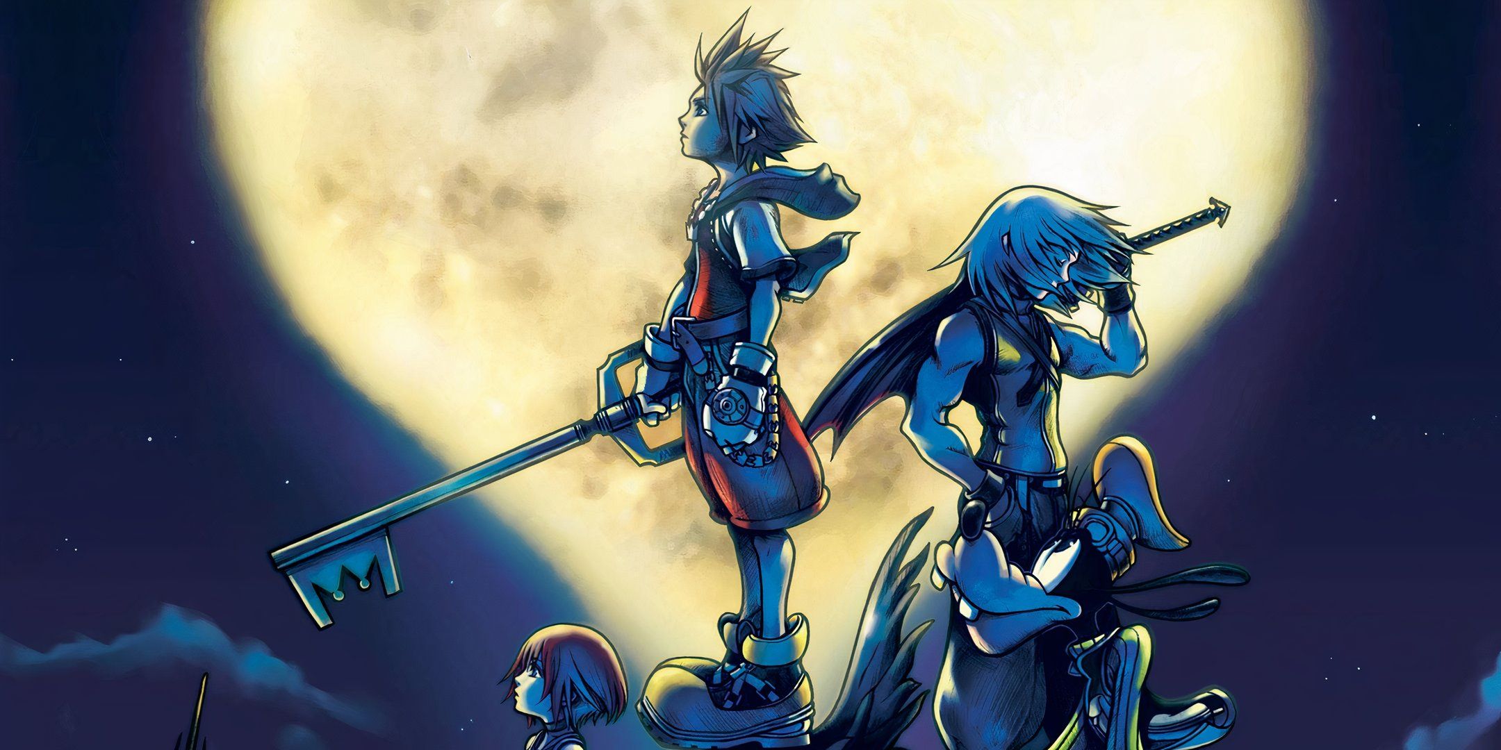 The cover art for Kingdom Hearts showing Sora, Riku, Goofy, and Kairi.