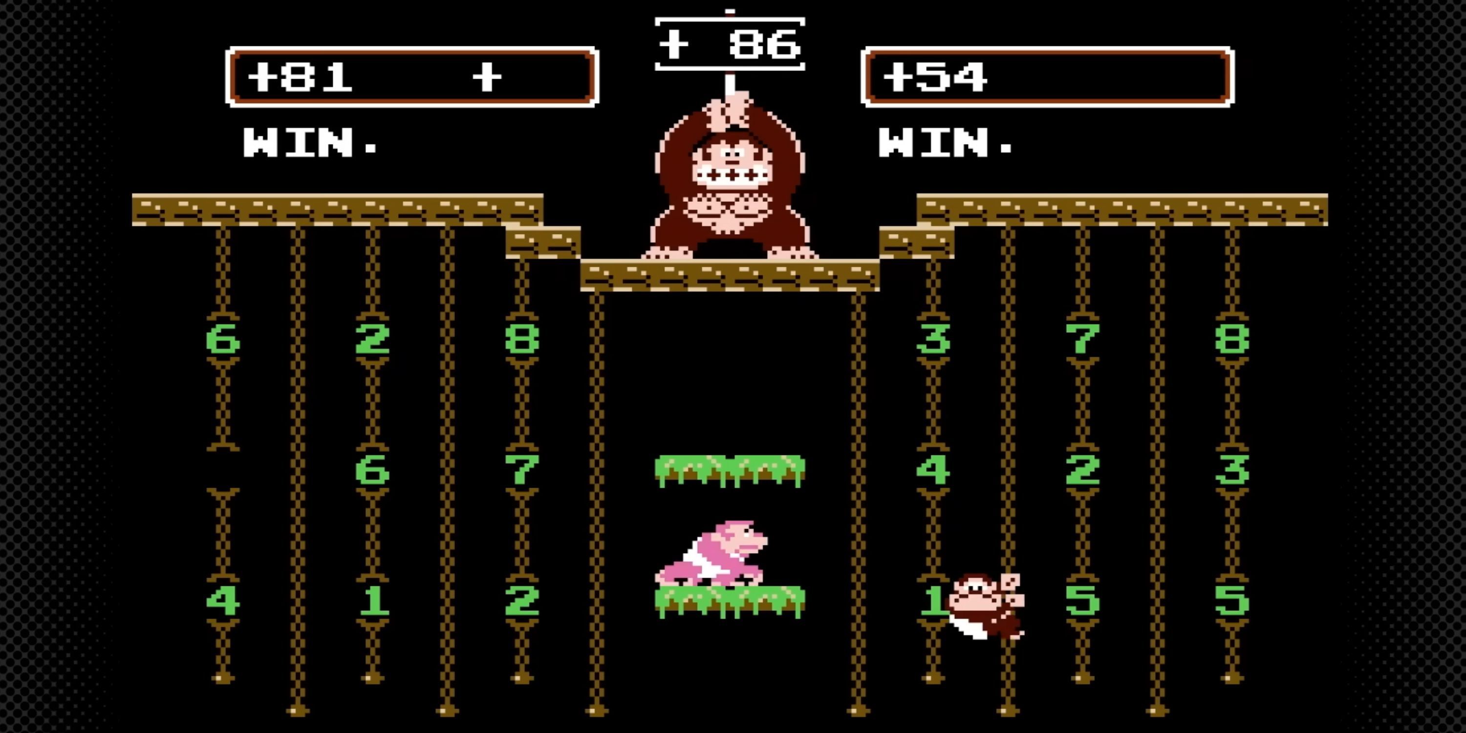 Donkey Kong holds a sign while two Donkey Kong Jrs gather numbers on vines.