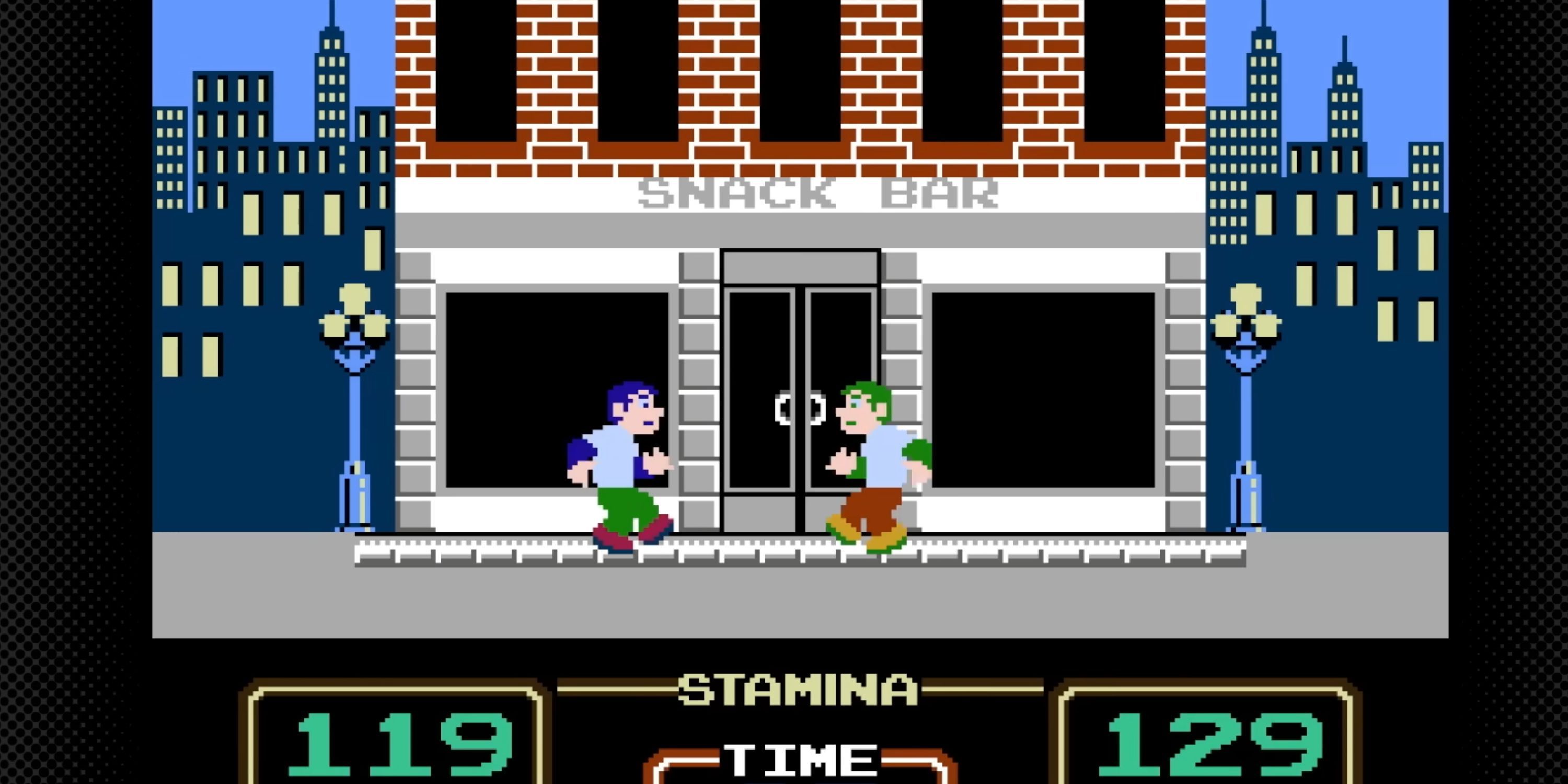 Two characters prepare to fight each other in front of a snack bar.