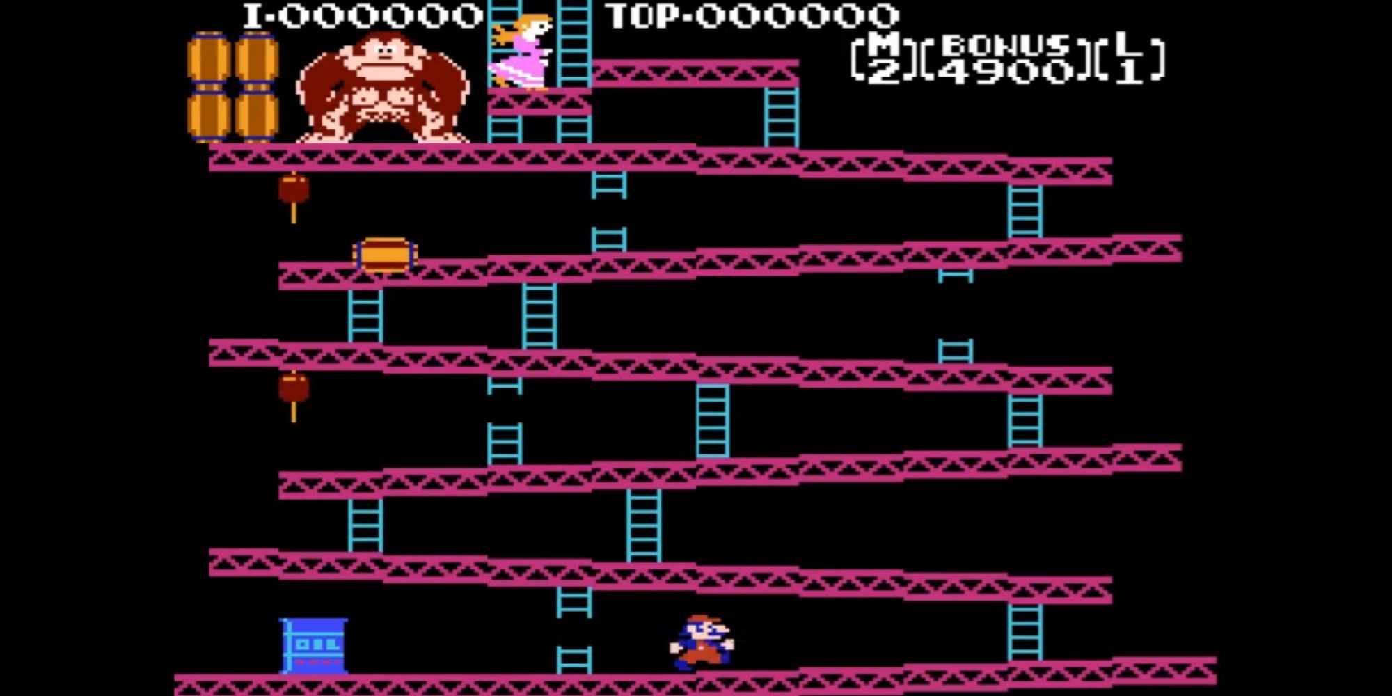 Donkey Kong throws barrels at Mario as he runs up platforms.