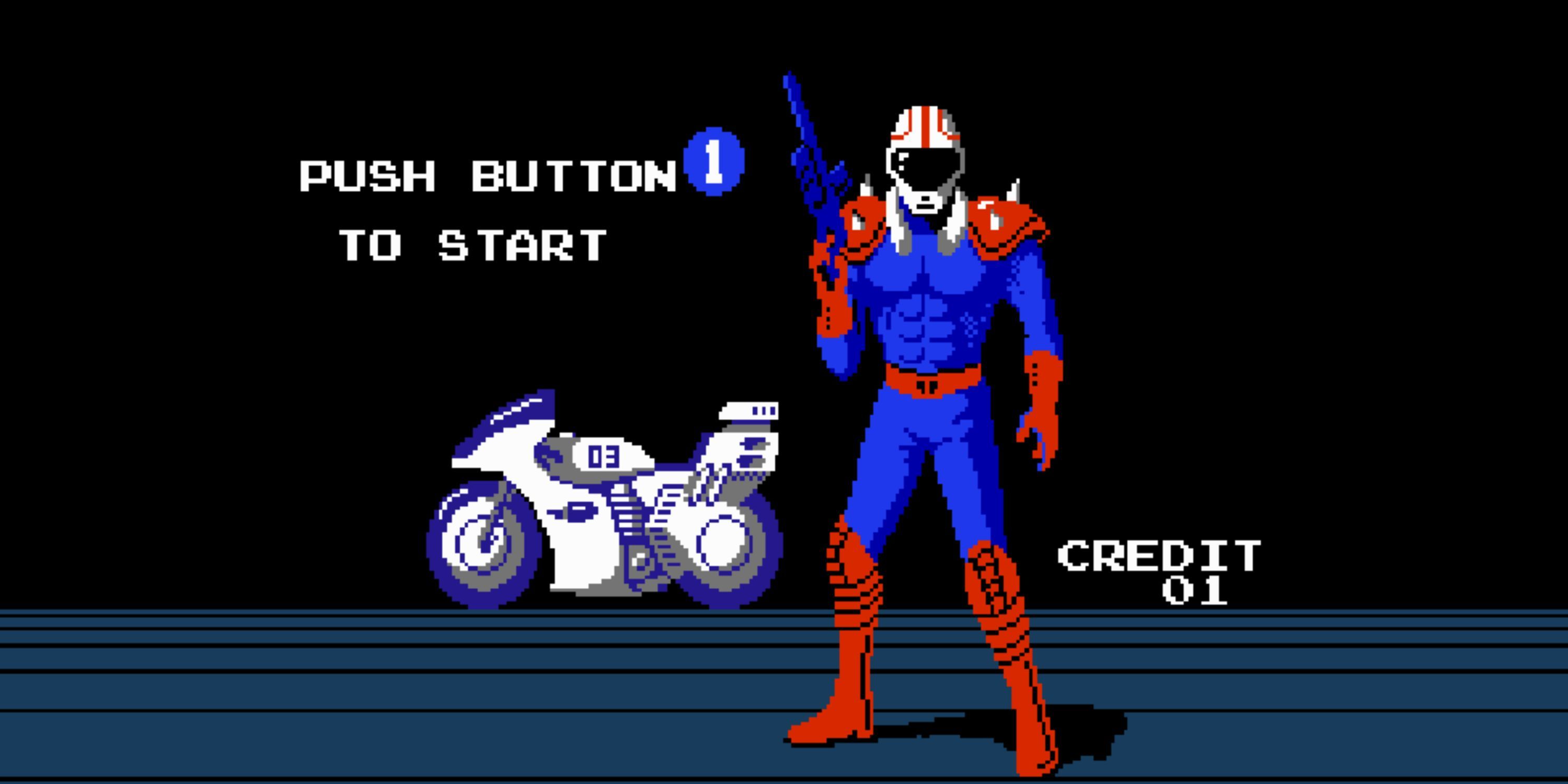 Mach Rider stands beside his bicycle while holding a gun.