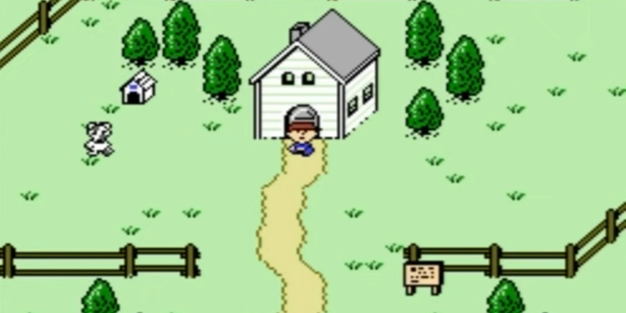 Ninten stands in front of his house.