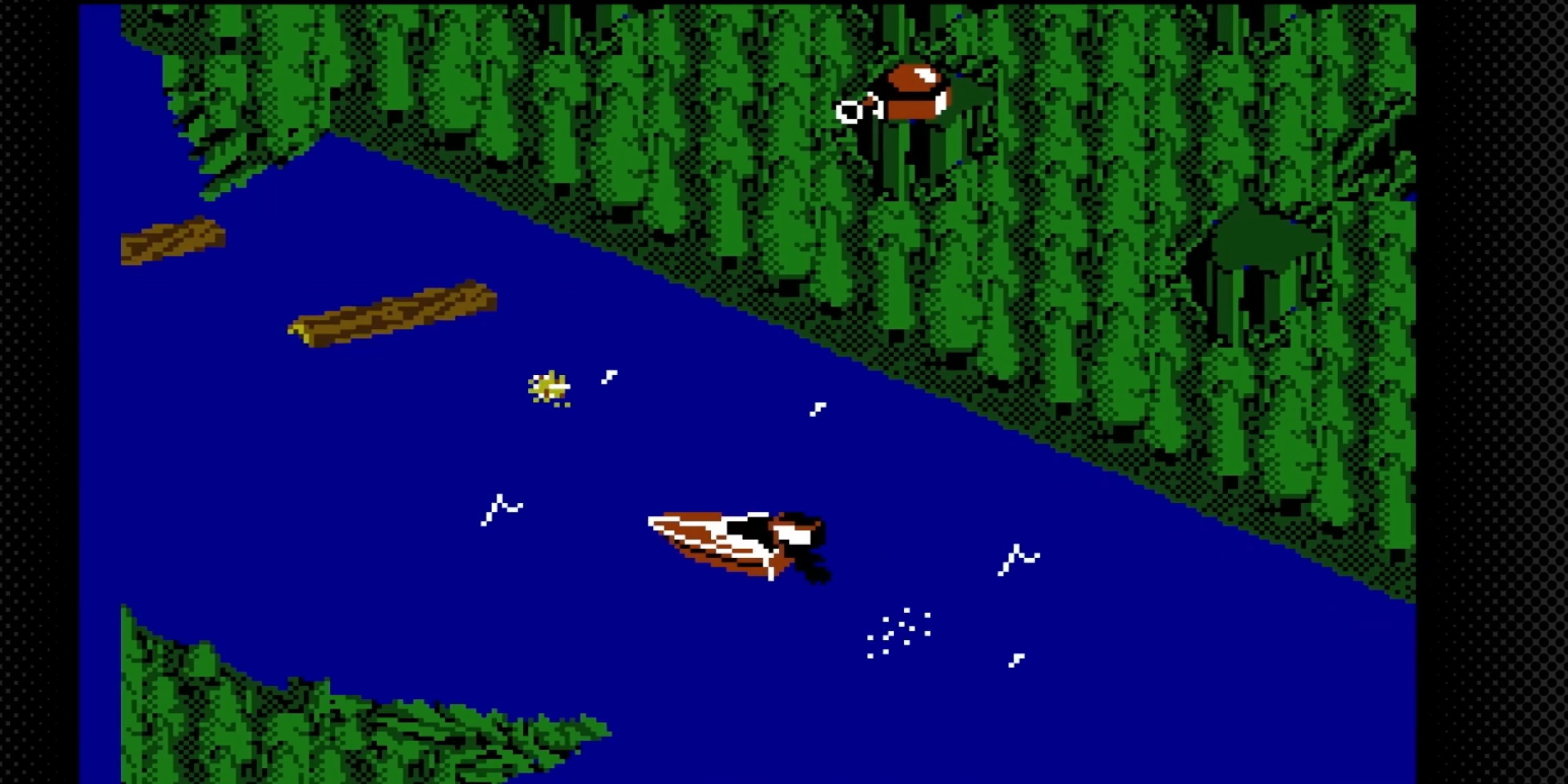 A speedboat drives toward a log as a tank shoots at it from the jungle.