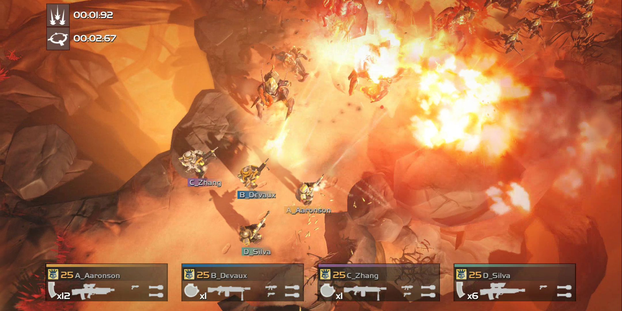 Helldivers screenshot of a group of troops shooting at enemies and a fiery explosion.