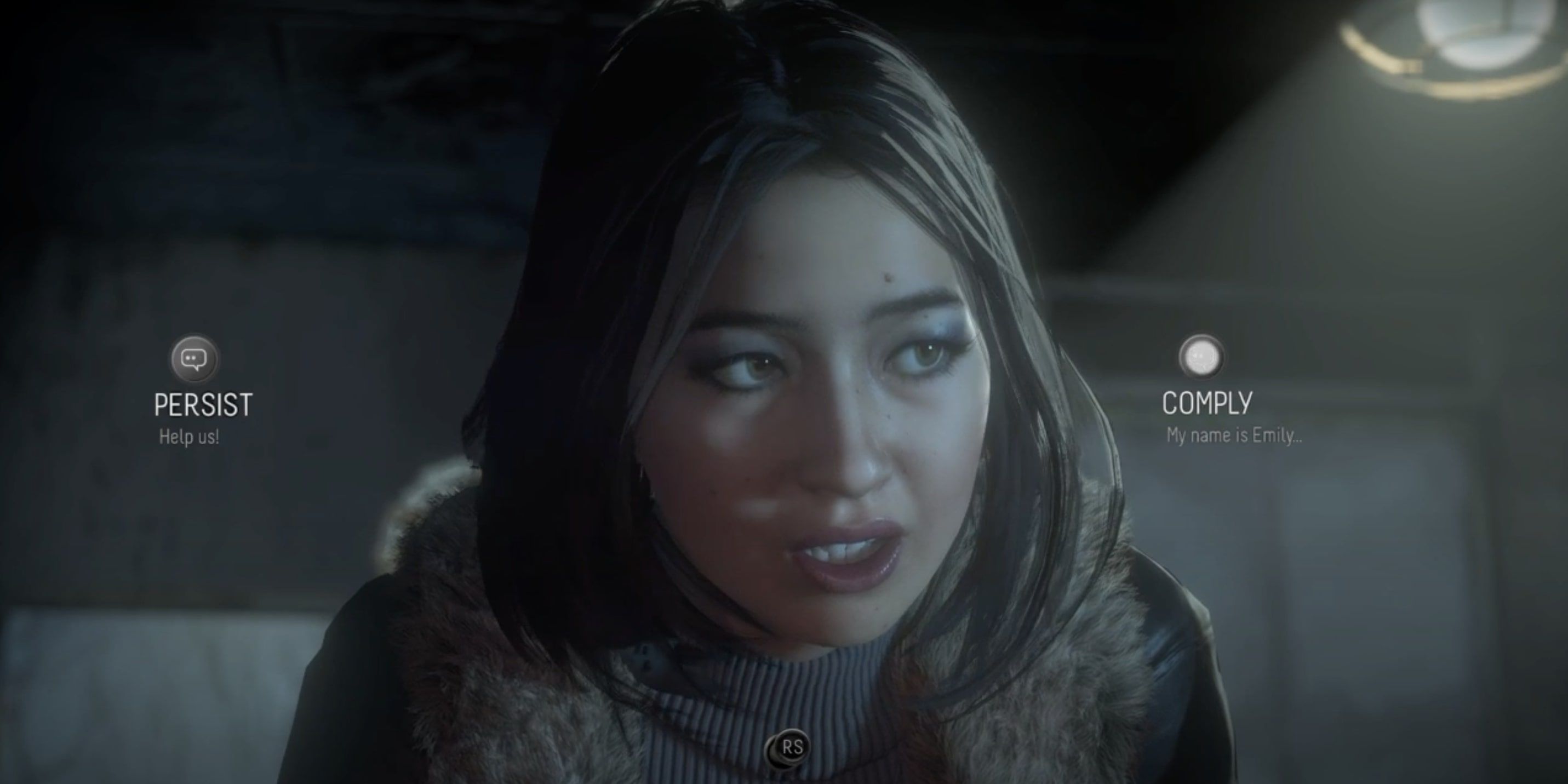 Until Dawn screenshot of Emily looking over at the comply in-game choice.