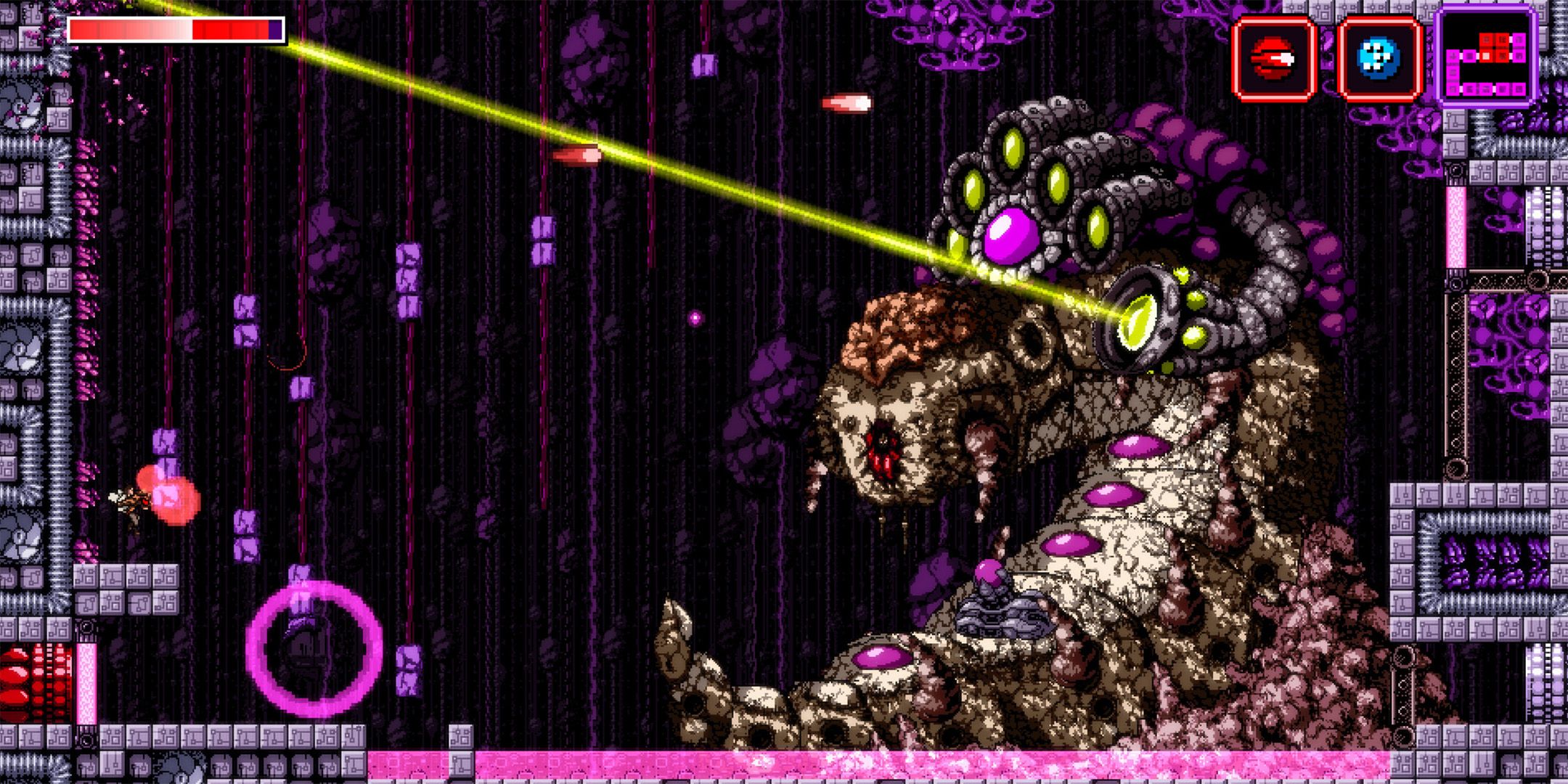 Trace Eschenbrenner fighting Uruku in Axiom Verge.