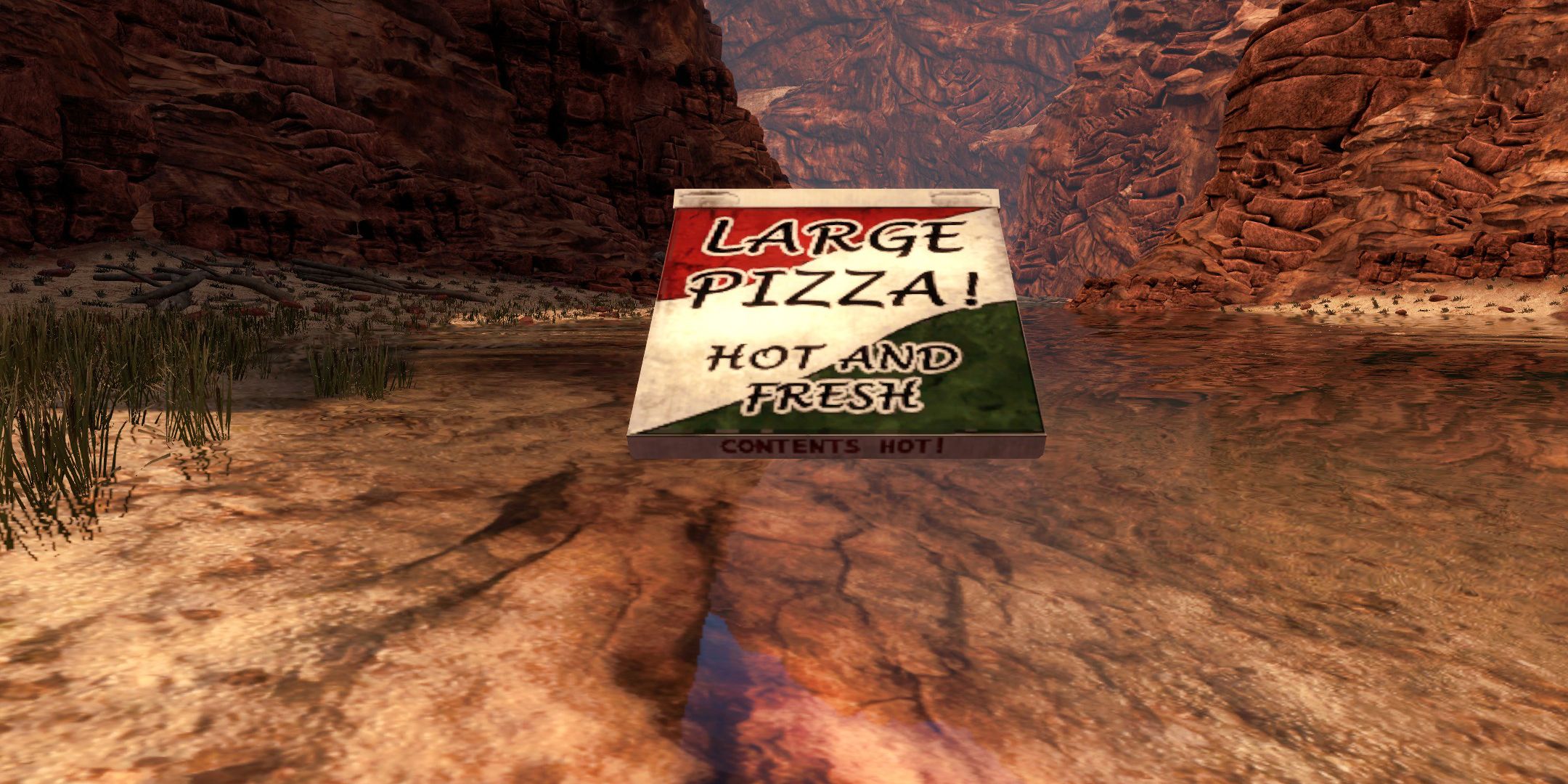 Black Mesa screenshot of a pizza box floating in a desert canyon.