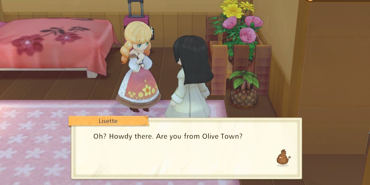 A farmer speaking with Lisette in Story of Seasons: Pioneers of Olive Town.