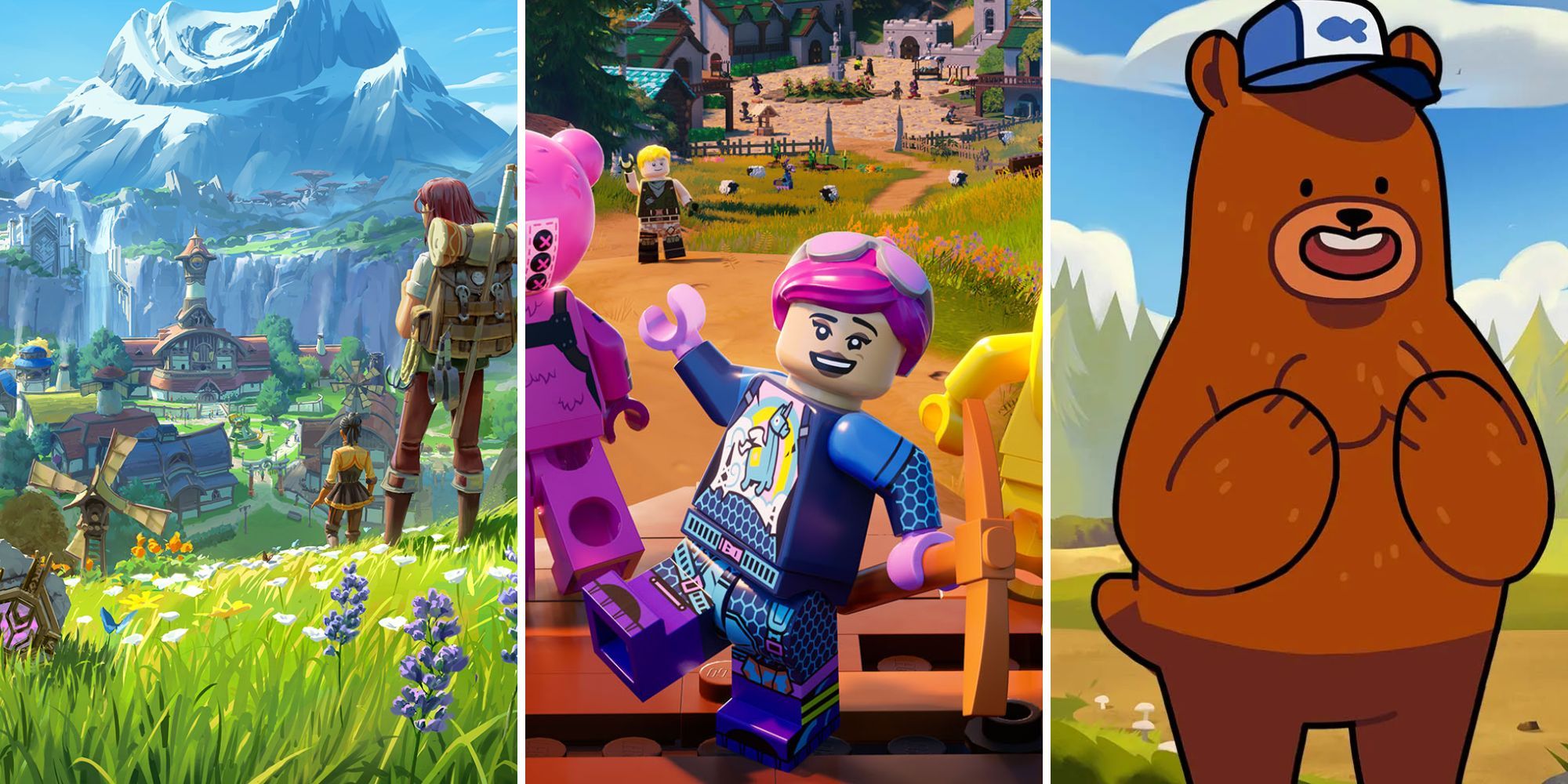 Screenshots of Palia, Lego Fornite and Bear and Breakfast