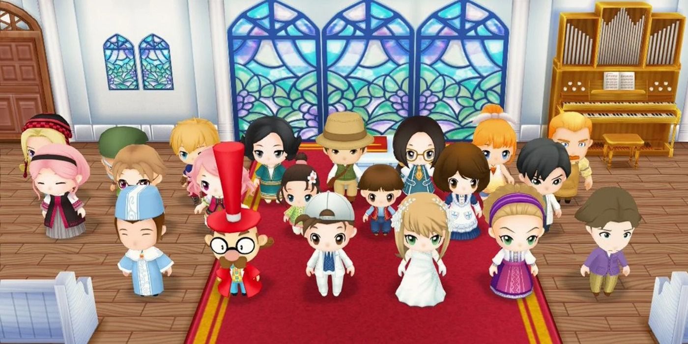 Several characters from Story of Seasons: Friends of Mineral Town attending the player's wedding.