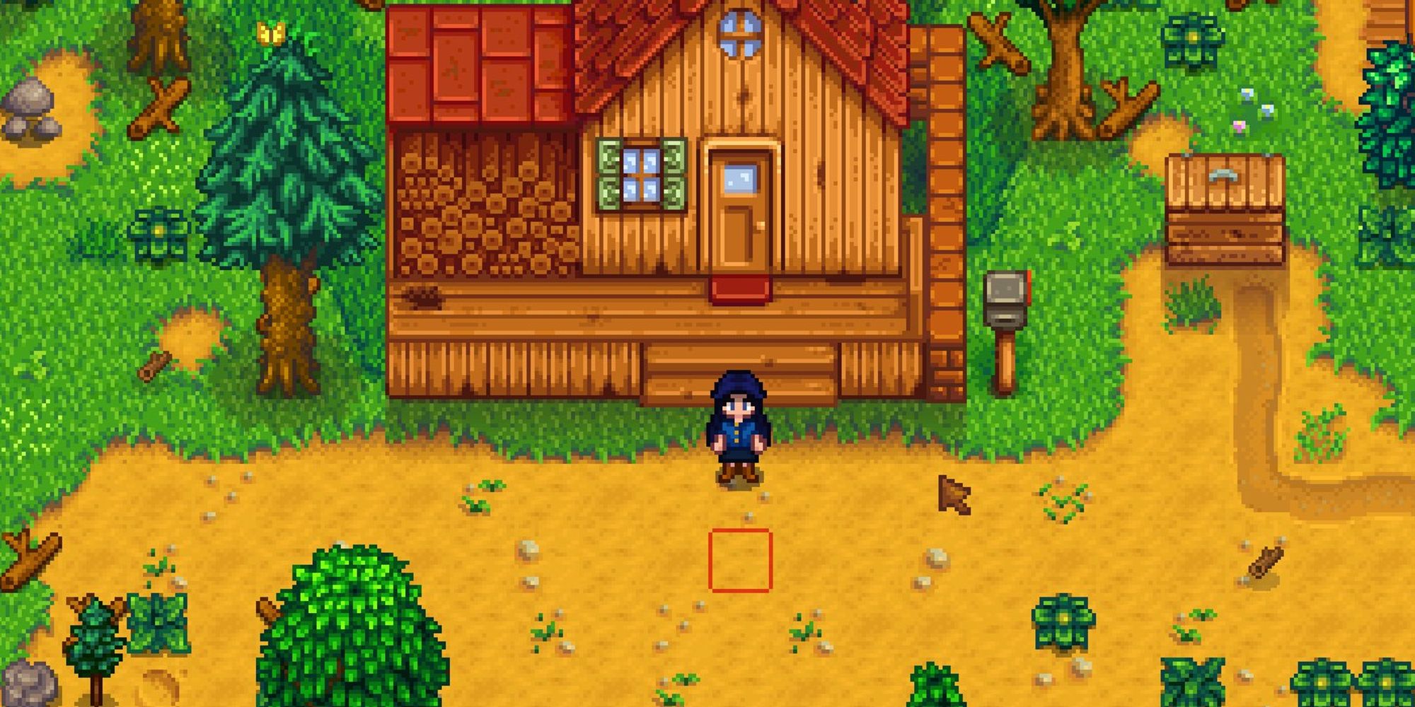 A player in front of the standard farm farmhouse in Stardew Valley.