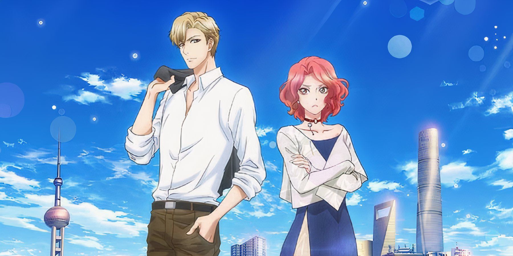 main characters of Spicy Girl standing in front of a city with alrge buildings.