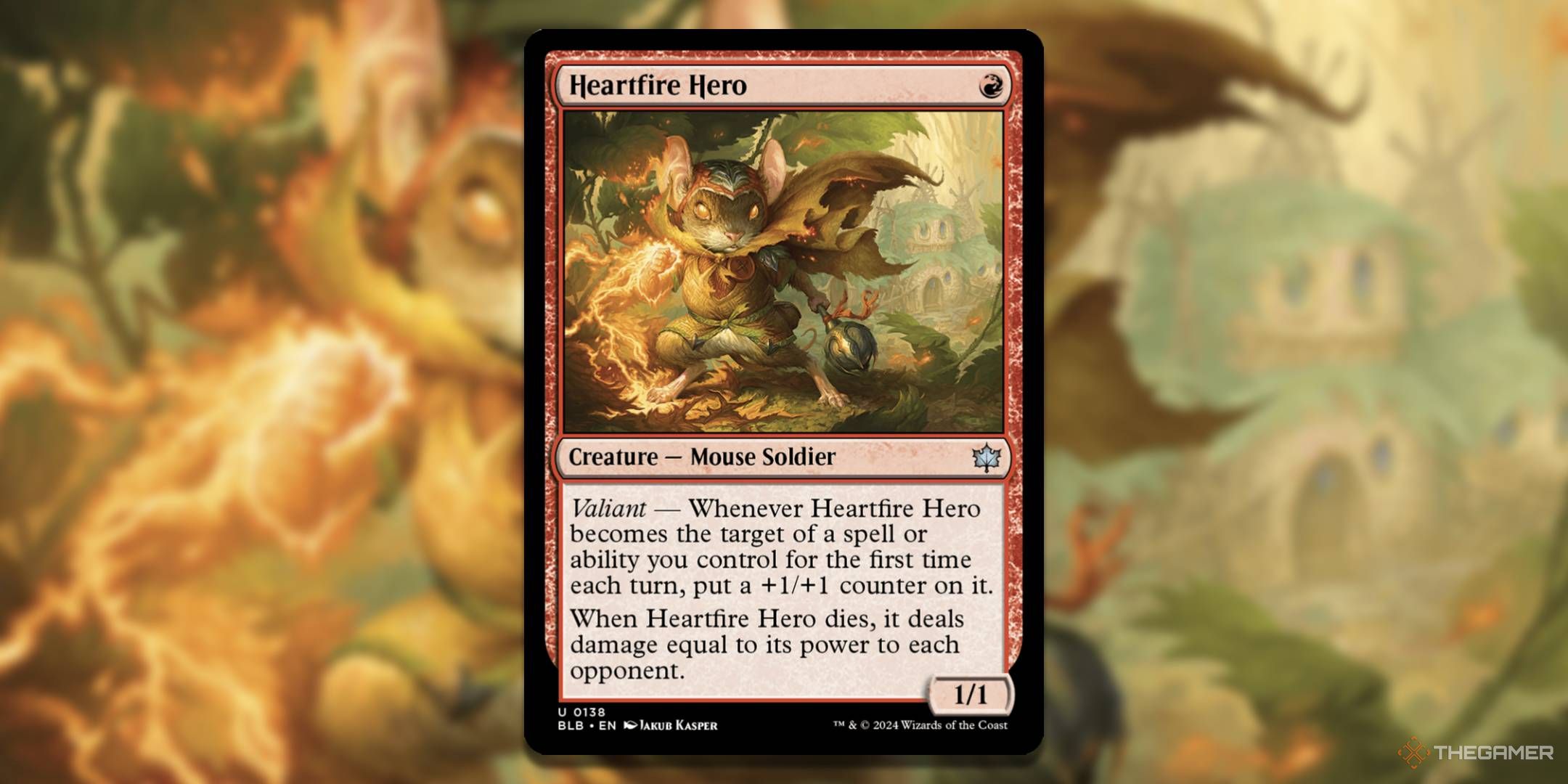 MTG Heartfire Hero card with the art in the background.