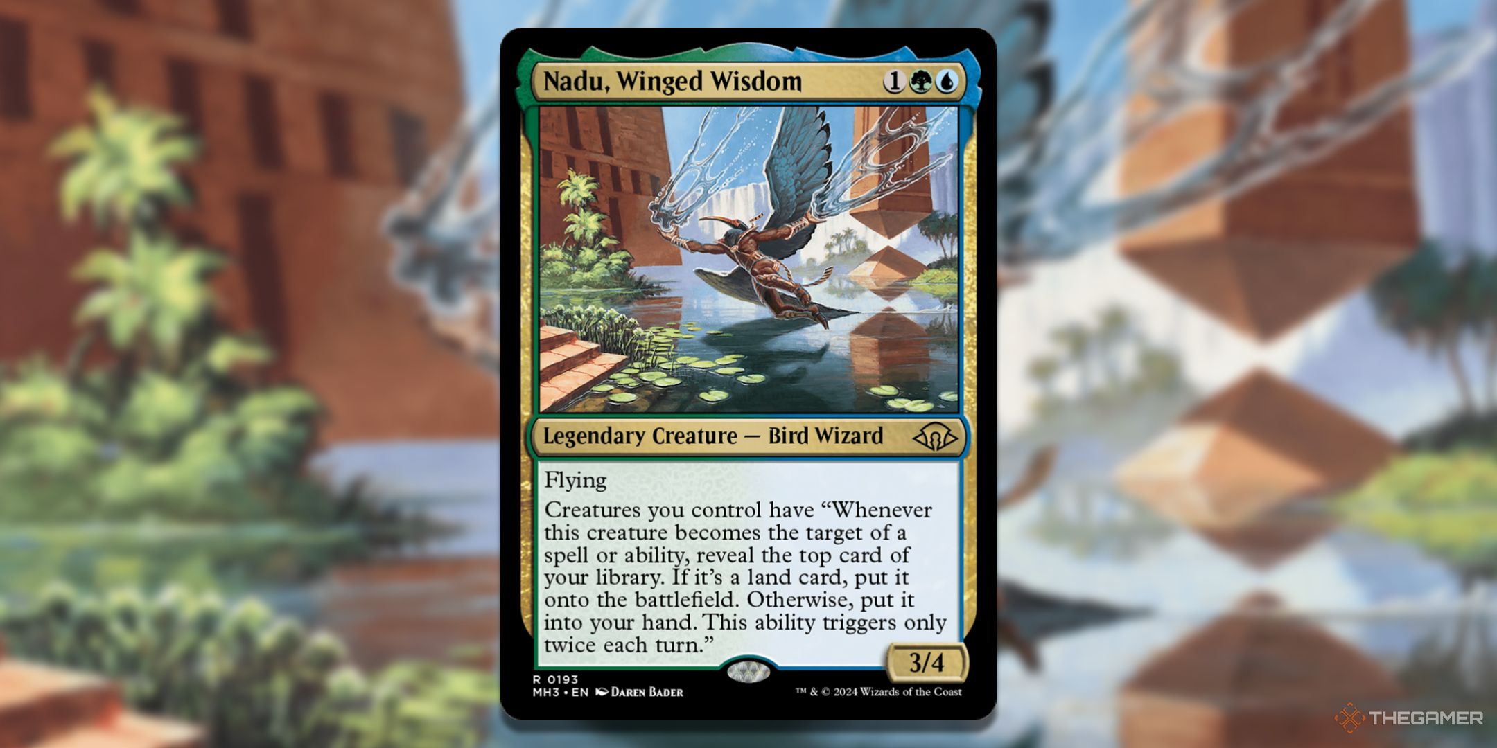 Nadu, Winged Wisdom card with the card art in the background.