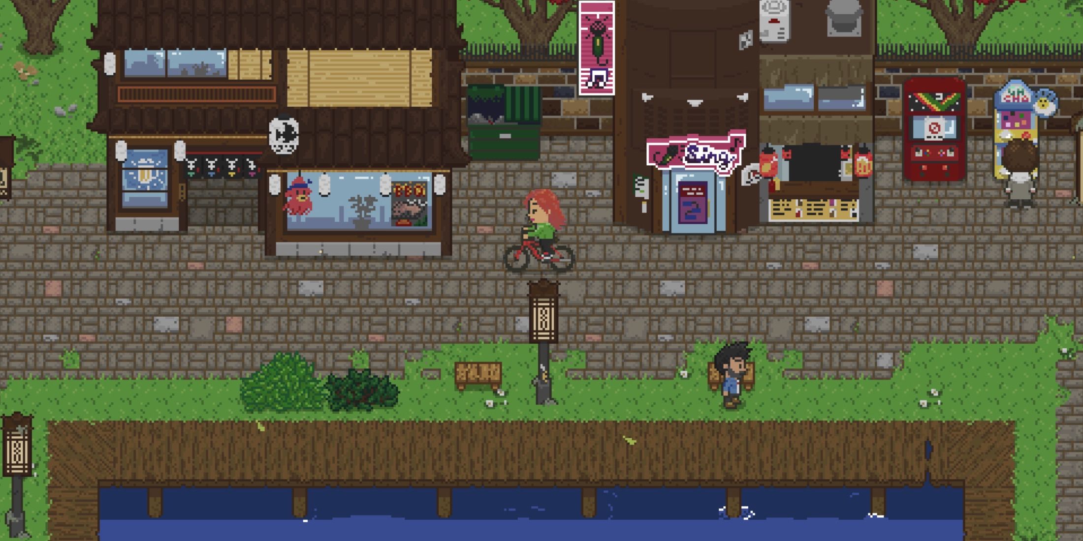 a village scene with cobble streets and 8-bit graphics