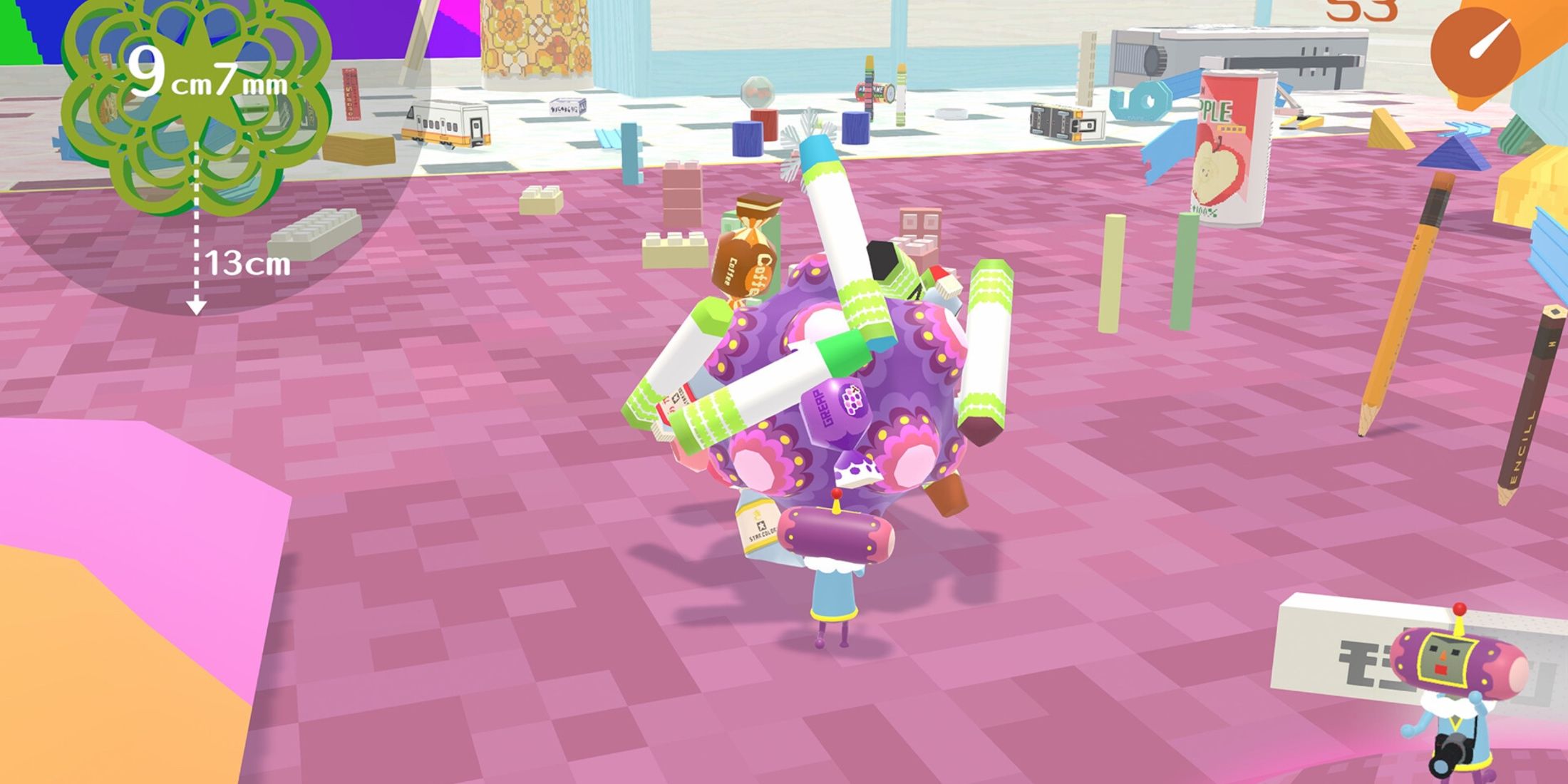 we love katamari - katamari damacy - a pink environment with a huge ball of objects rolled up