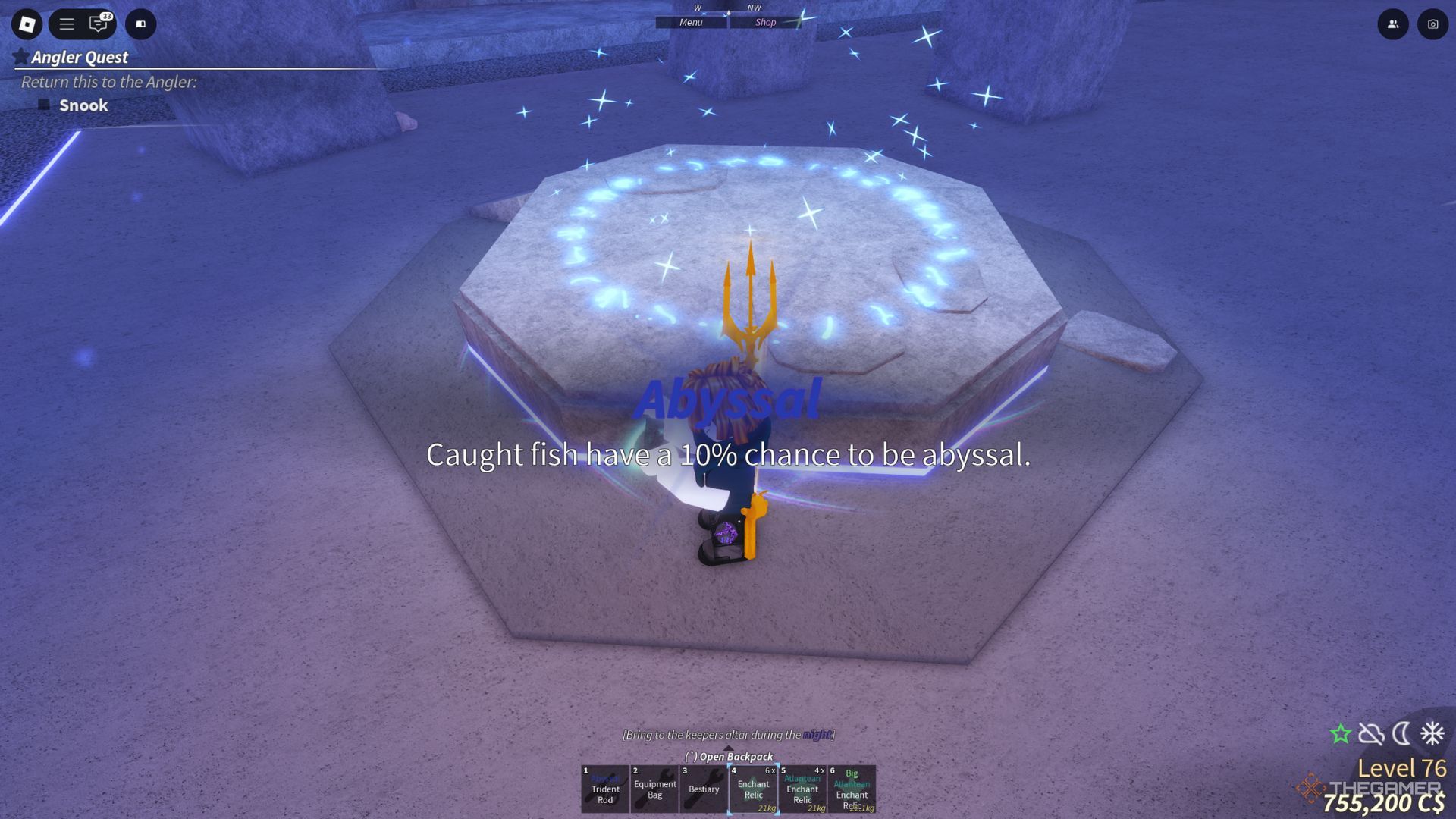 The player character uses Enchant Relic on the Keepers Altar and receives Abyssal enchantment in Fisch.