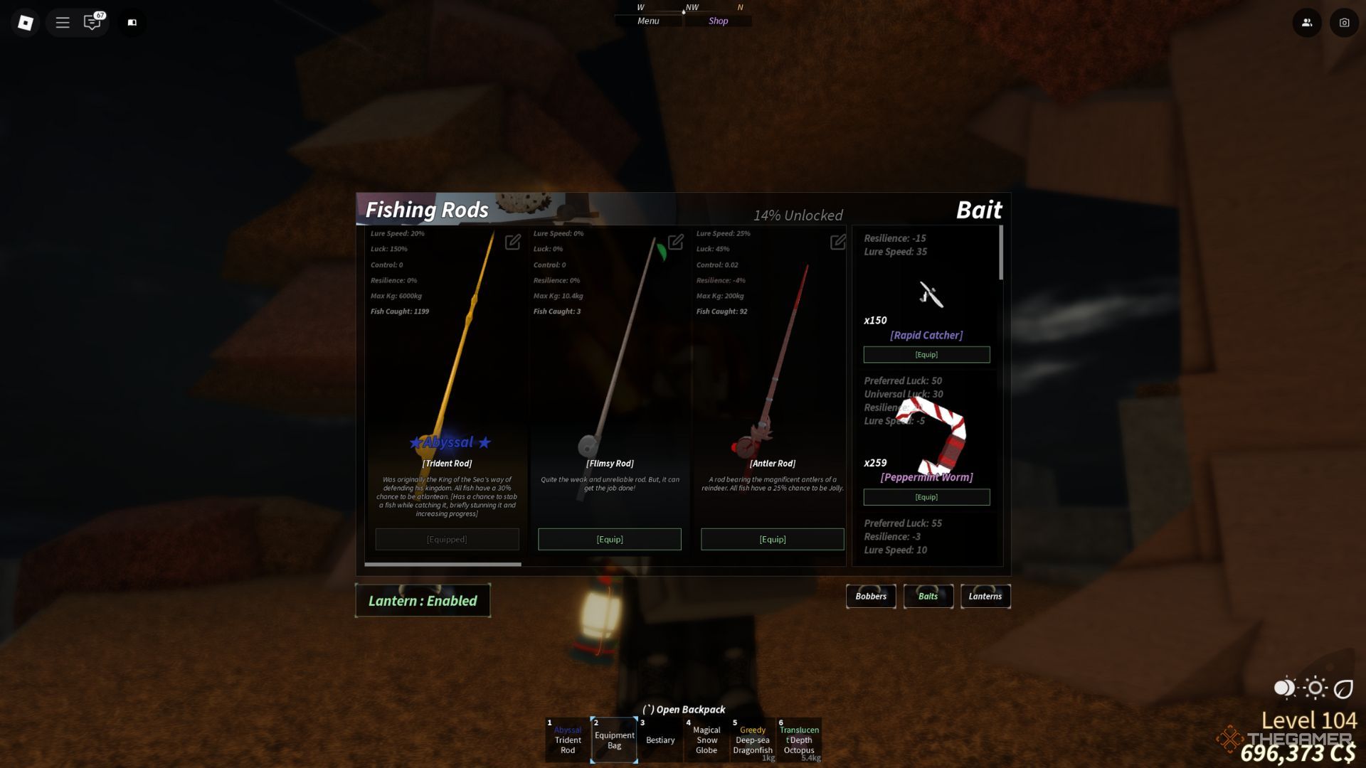 Multiple rods in the players character inventory, including Trident Rod in Fisch.