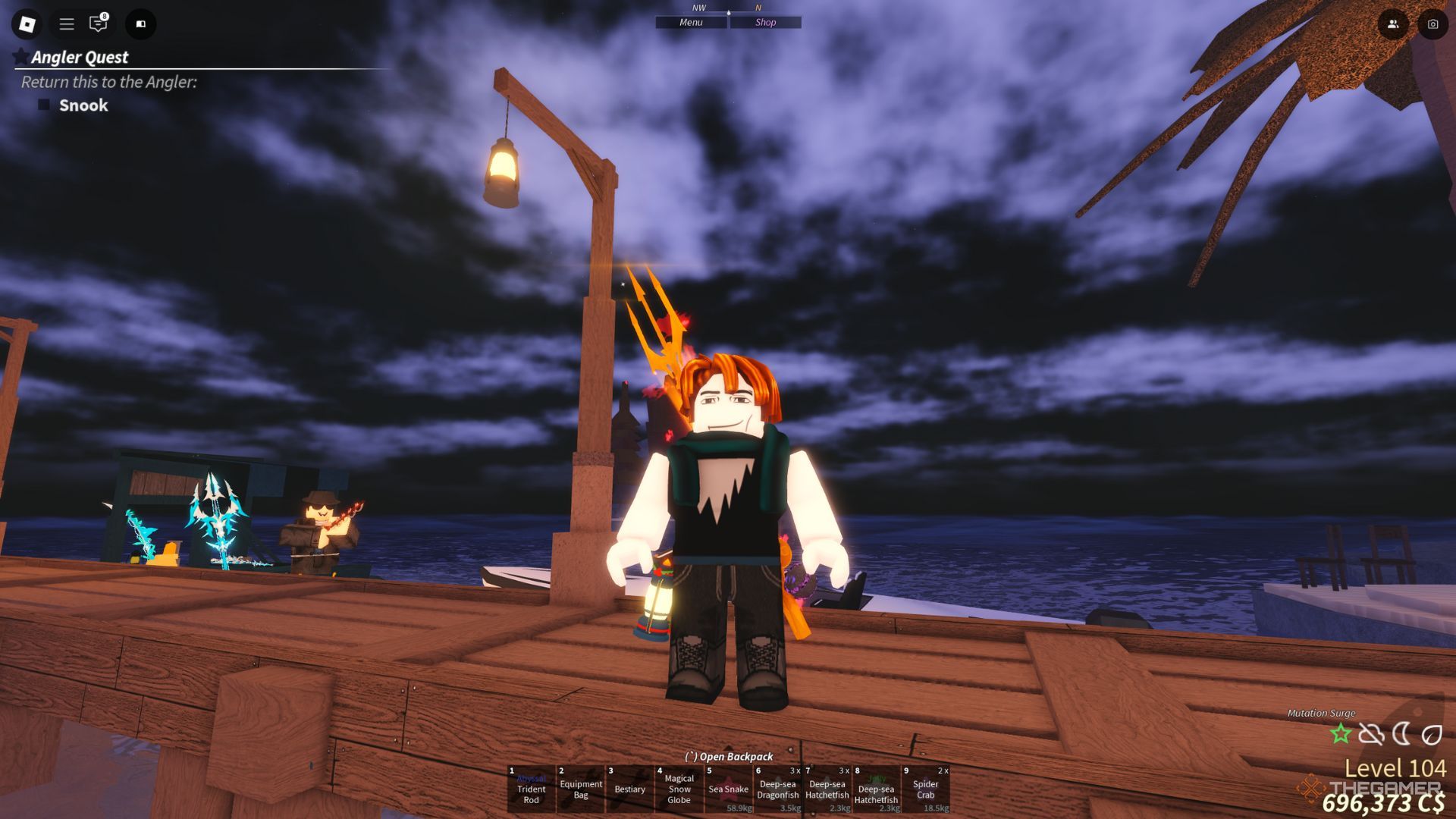 The player character standing on a pier in Moosewood while the Mutation Surge is active in Fisch.