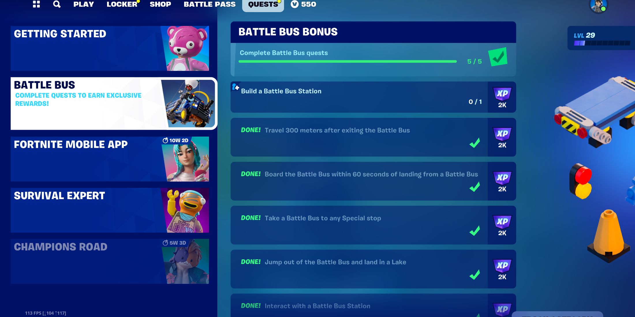 Screenshot showcasing the Battle Bus quests in LEGO Fortnite 