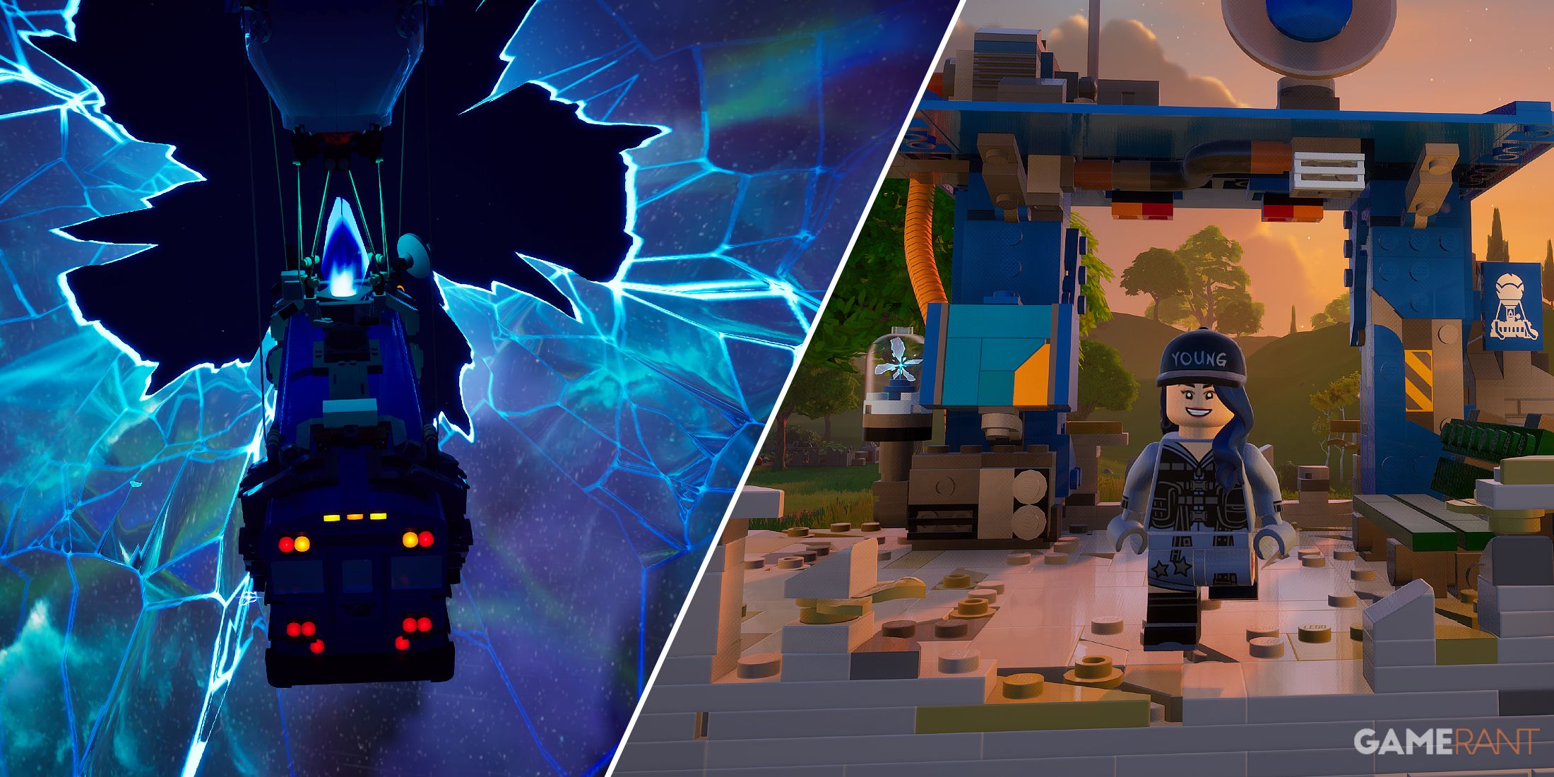 Split-image showcasing the fast travel feature in LEGO Fortnite