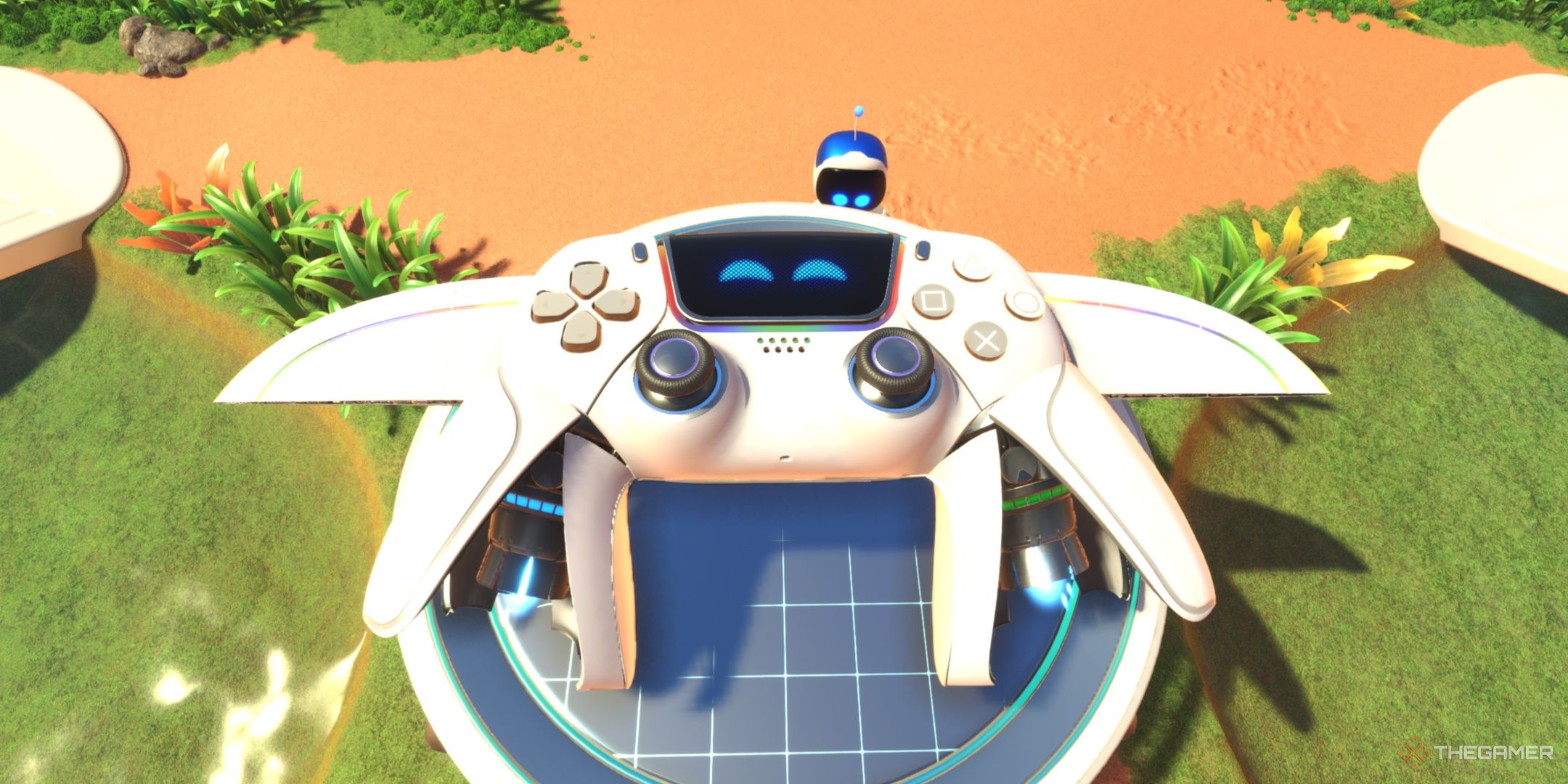 The DualSense in its Snowglow skin at the crash site, from Astro Bot.