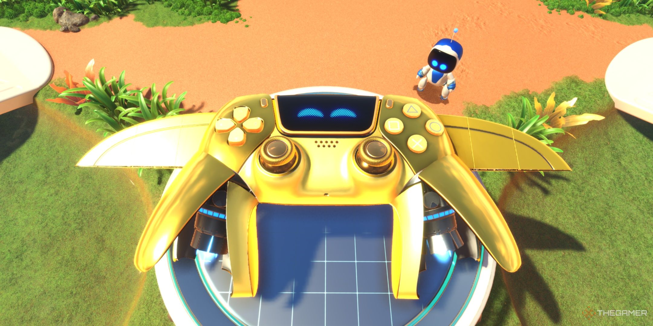 The DualSense in its Champion's Gold skin at the crash site, from Astro Bot.