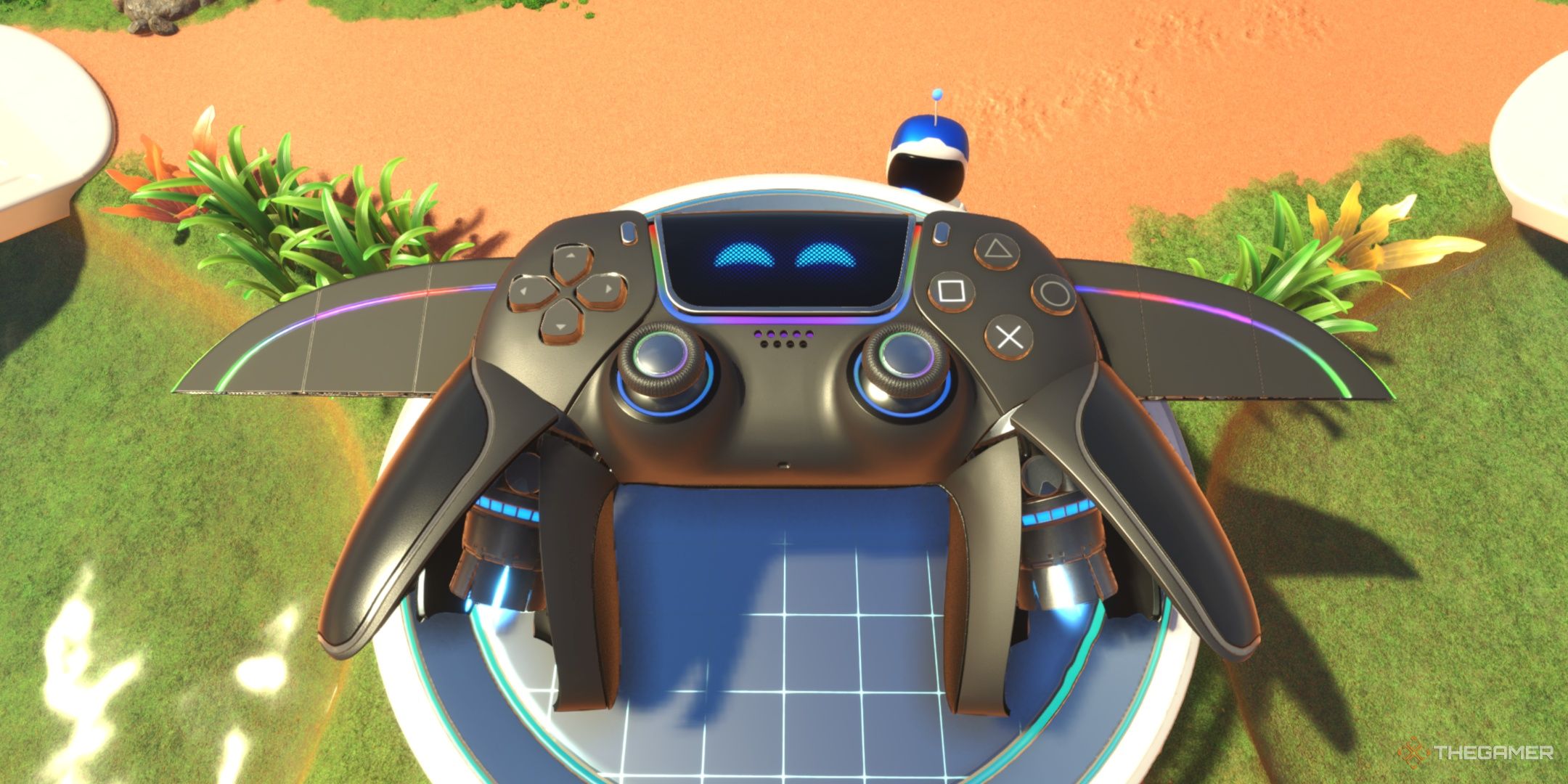 The DualSense in its Jet Black skin at the crash site, from Astro Bot.