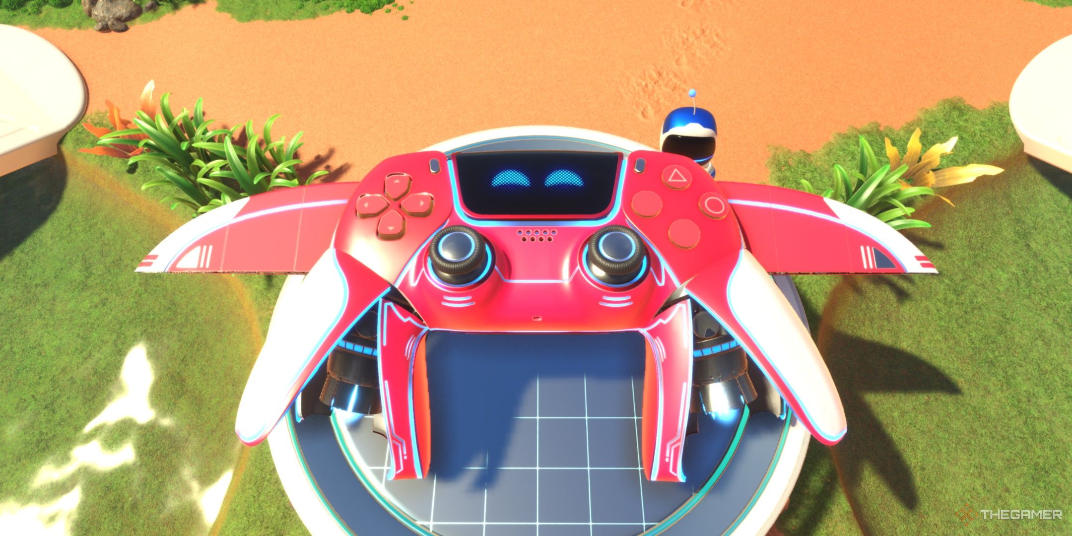 The DualSense in its Striking Scarlet skin at the crash site, from Astro Bot.