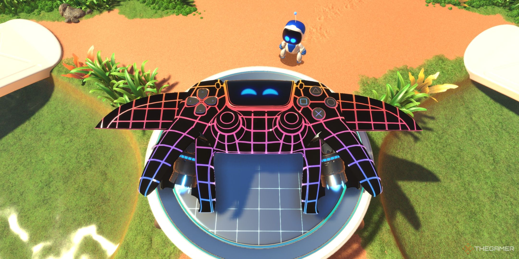 The DualSense in its Polygon Polychroma skin at the crash site, from Astro Bot.