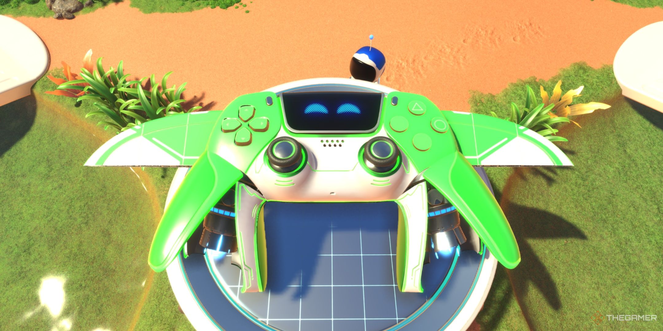 The DualSense in its Hyper Lime skin at the crash site, from Astro Bot.