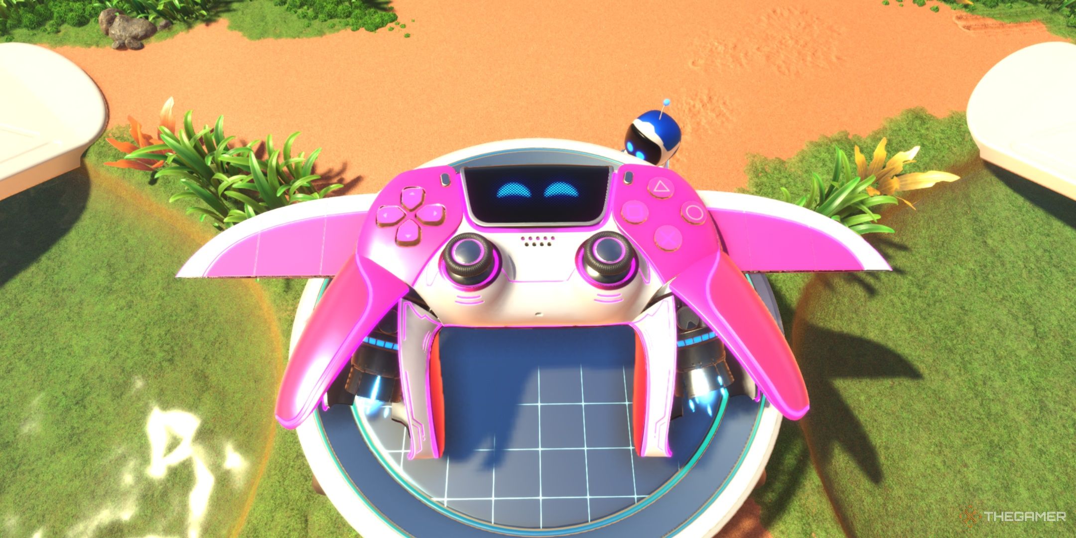 The DualSense in its Hottest Pink skin at the crash site, from Astro Bot.