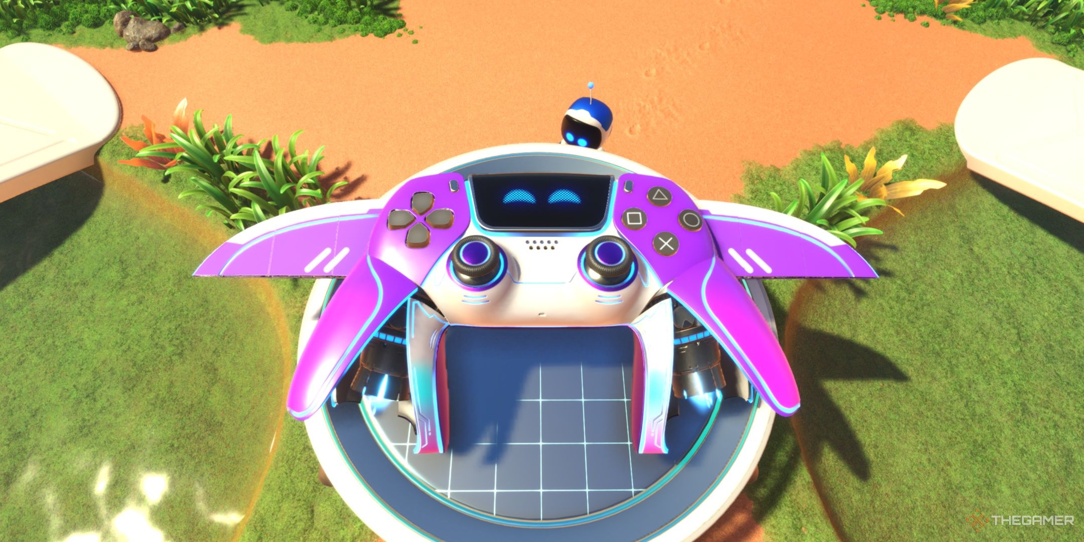 The DualSense in its Electric Orchid skin at the crash site, from Astro Bot.