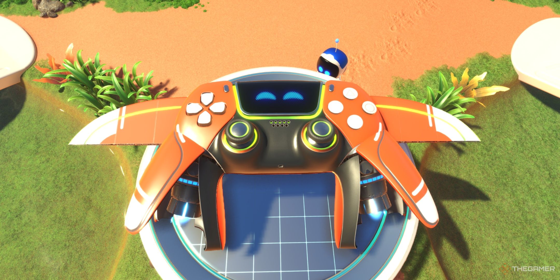 The DualSense in its Turbo Tangerine skin at the crash site, from Astro Bot.