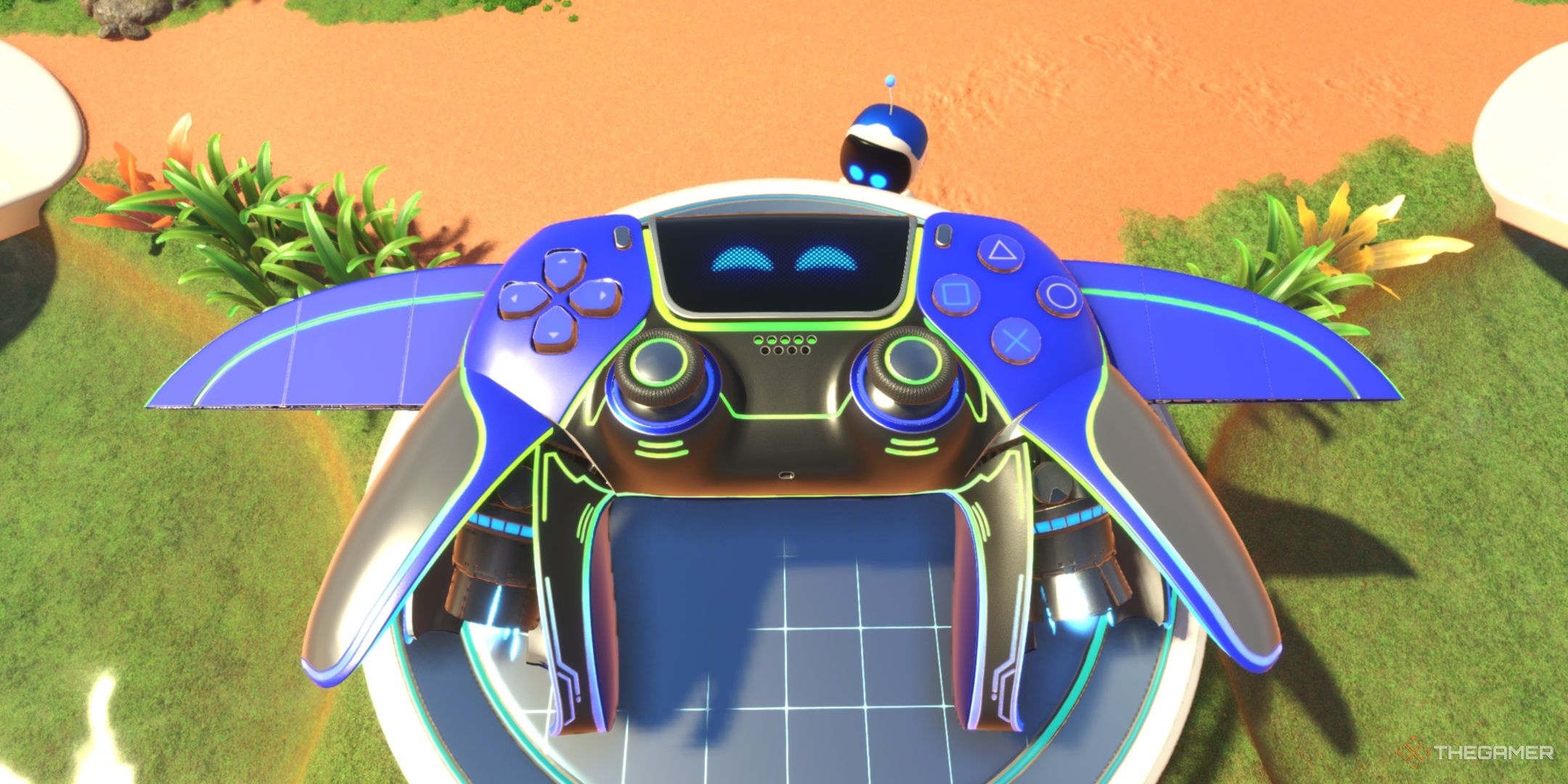 The DualSense in its Cobalt Dusk skin at the crash site, from Astro Bot.