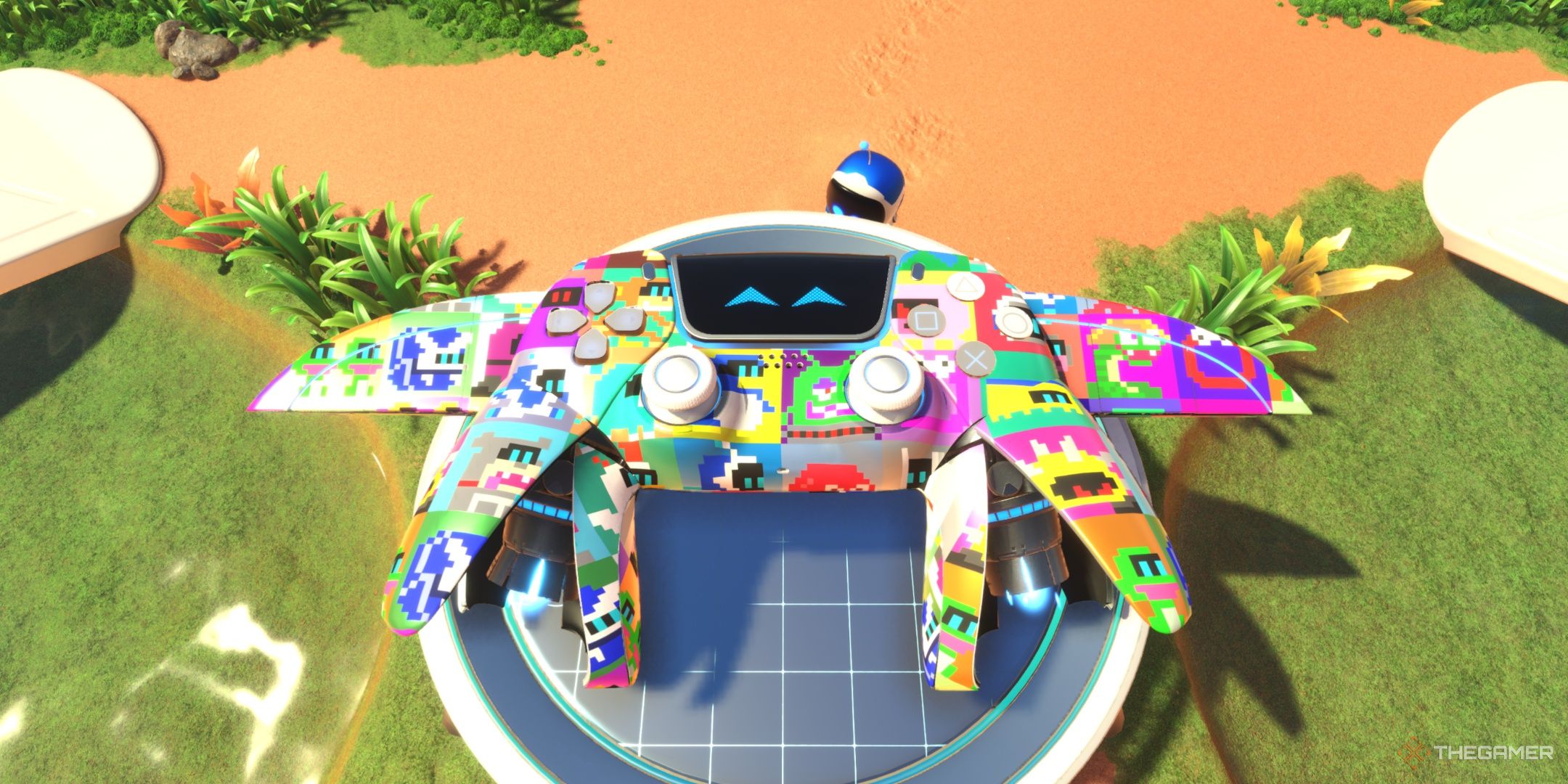 The DualSense in its Retro Royale skin at the crash site, from Astro Bot.