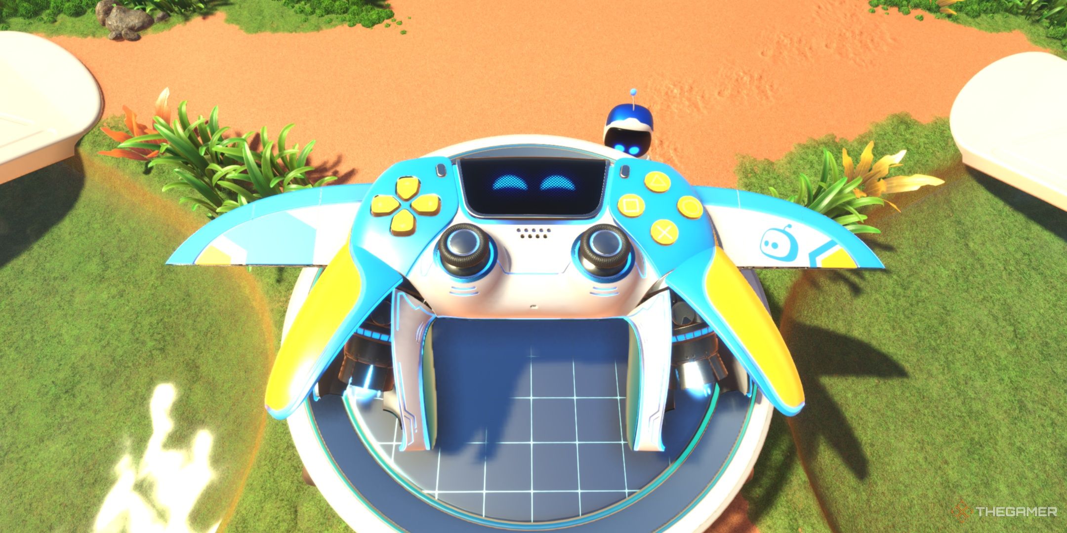 The DualSense in its Anti-Grav skin at the crash site, from Astro Bot.