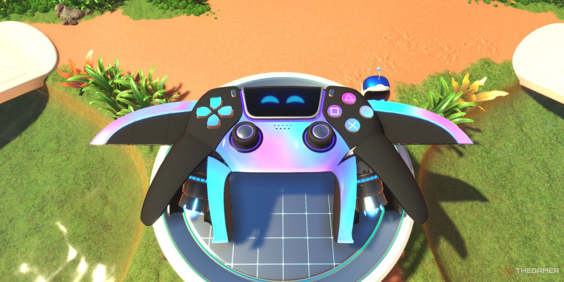 The DualSense in its Neon Dream skin at the crash site, from Astro Bot.