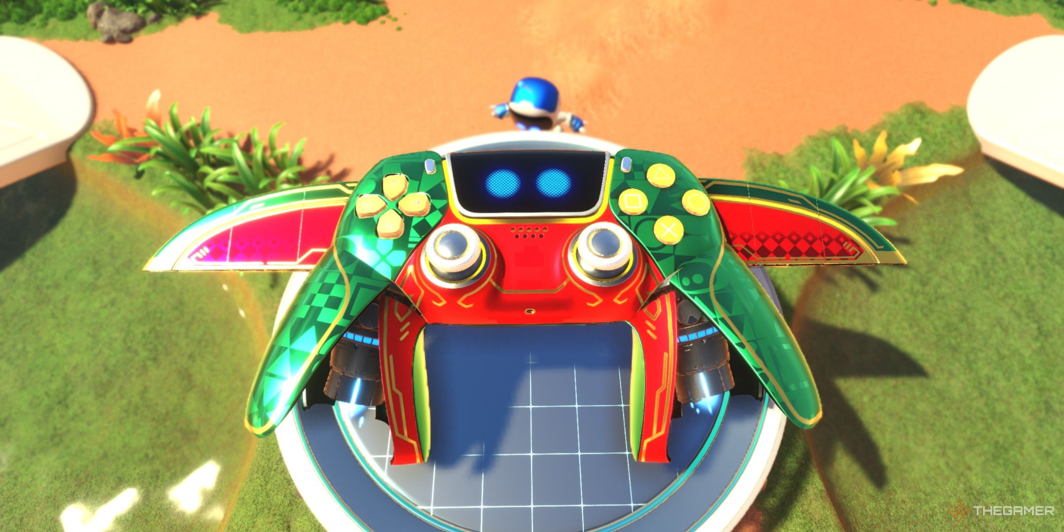 The DualSense in its Jolly Holly skin at the crash site, from Astro Bot.