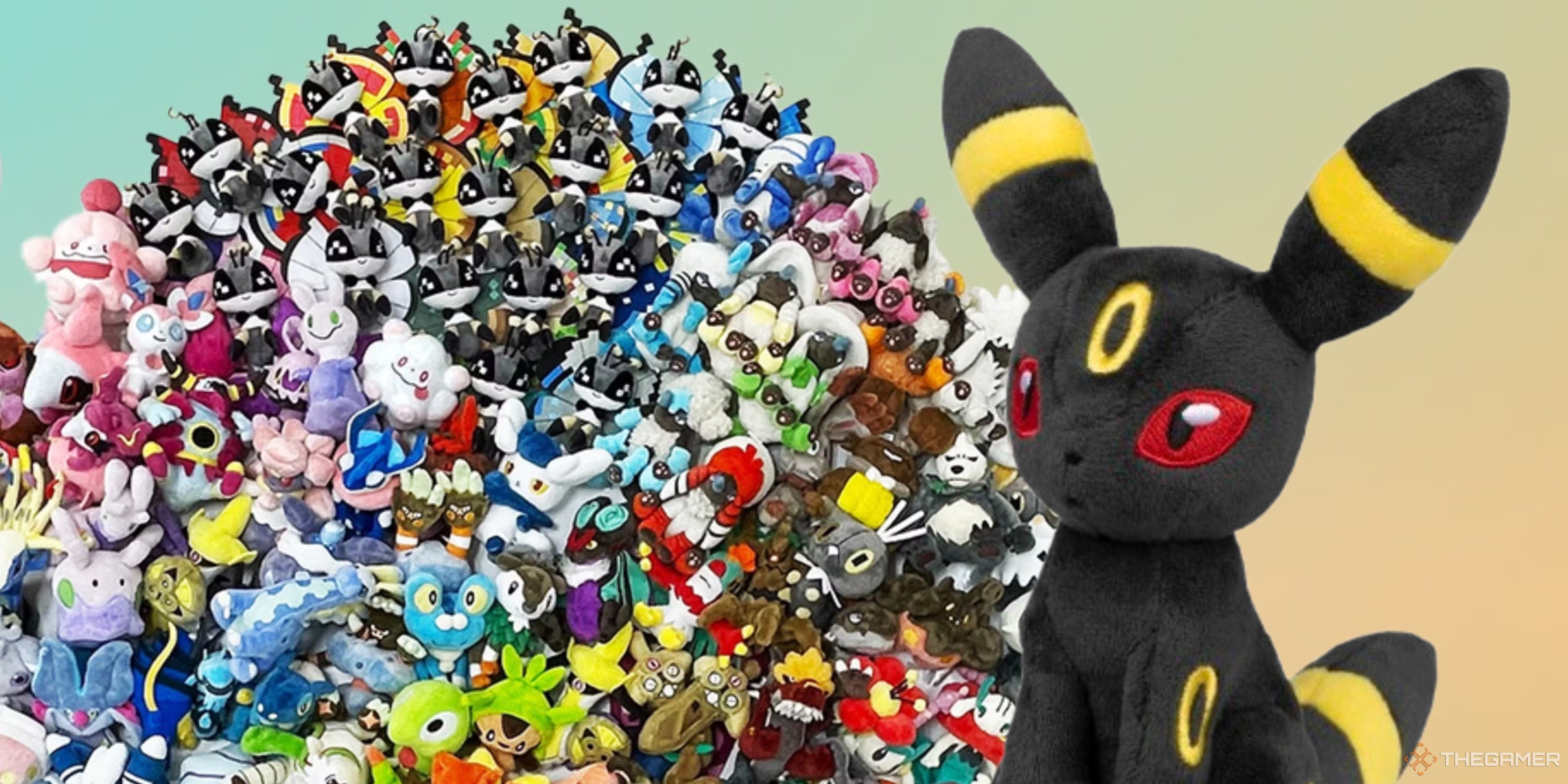 umbreon sitting cutie sitting next to a ball of kalos region sitting cutie plushes.