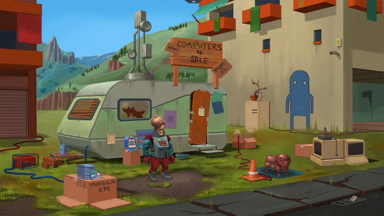 An image of an alien creature standing outside of a beaten up caravan with a sign saying 'computers for sale'