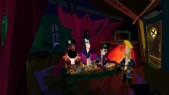 An image of cartoon characters from Return to Monkey island sitting at desk in a pirate ship