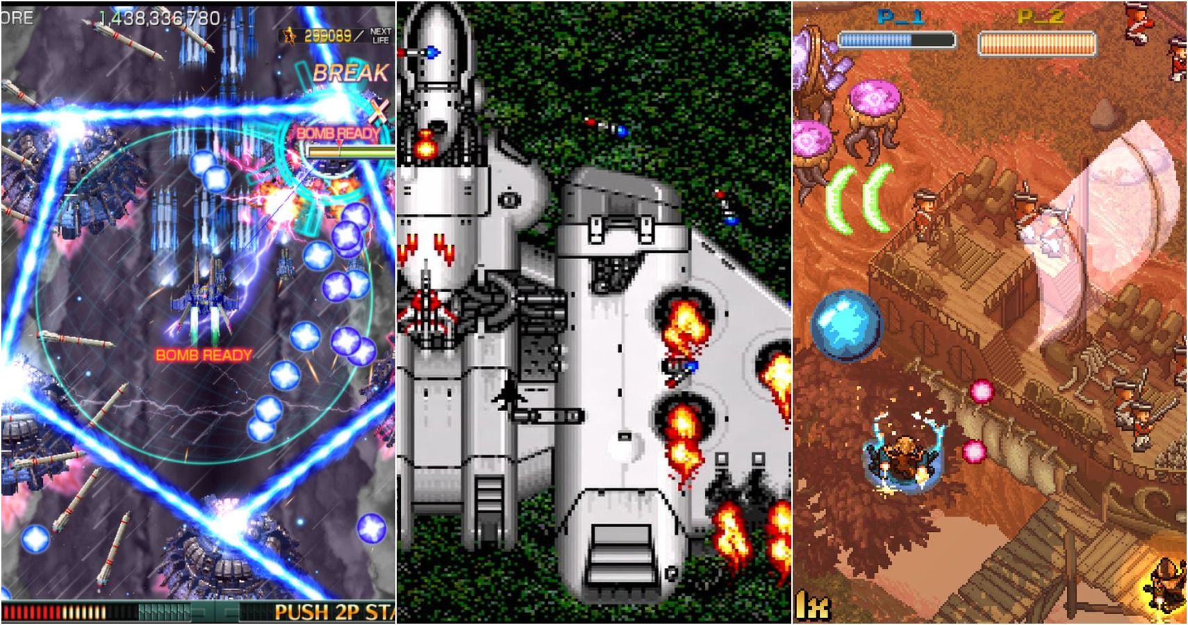 Split image of Crimzon Clover, Jamestown, Raiden shooting space ships